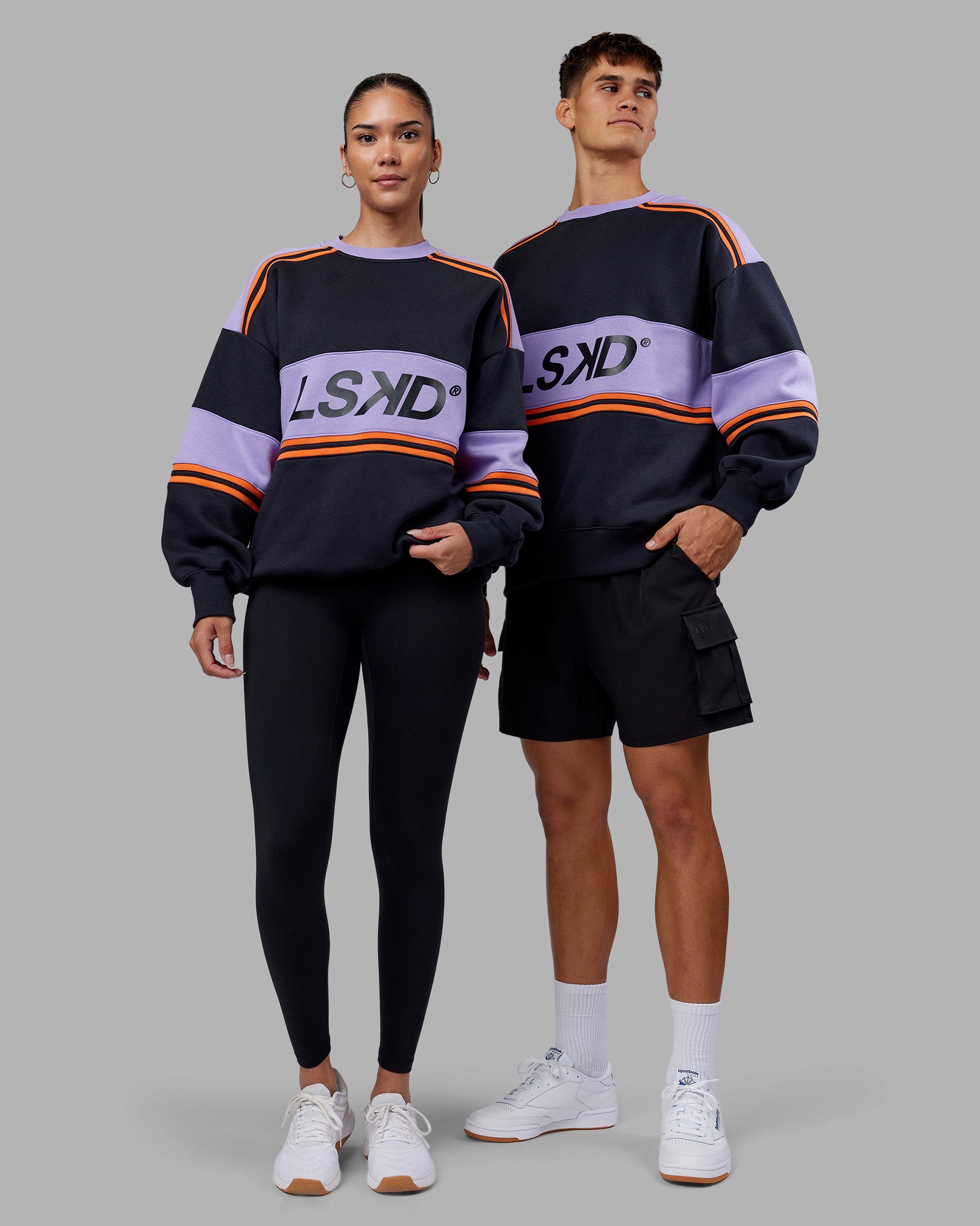 Duo wearing A-Team Sweater Oversize - Caviar-Violet Ray | Model:Both | Size:Duo