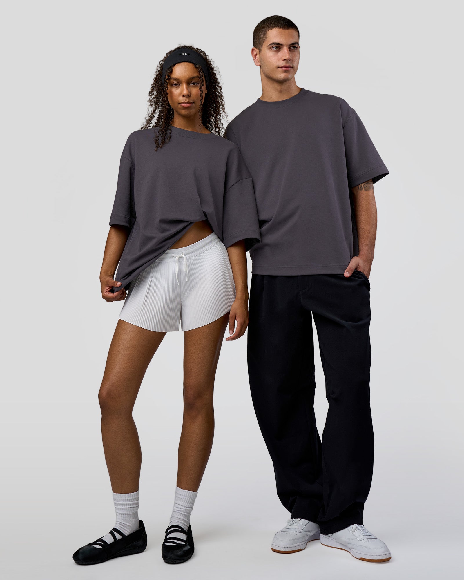 Duo wearing AfterDark ZeroCrease Oversized Tee - Dark Storm | Model:Both | Size:Duo