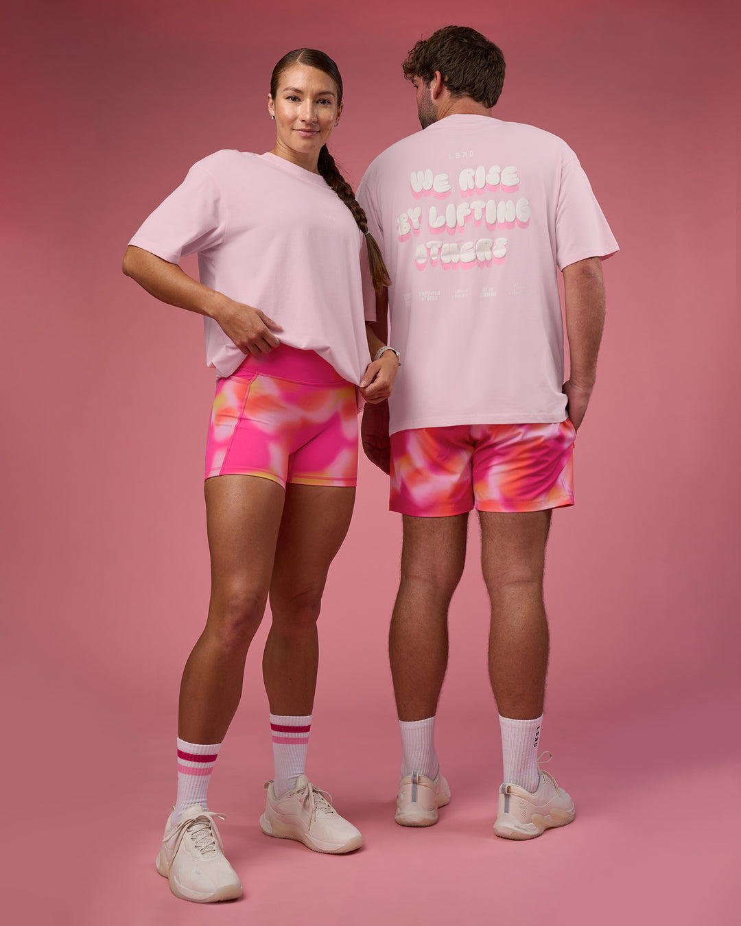 Duo wearing BCAM FLXCotton Oversized Tee - Marshmallow-White | Model:Both | Size:Duo