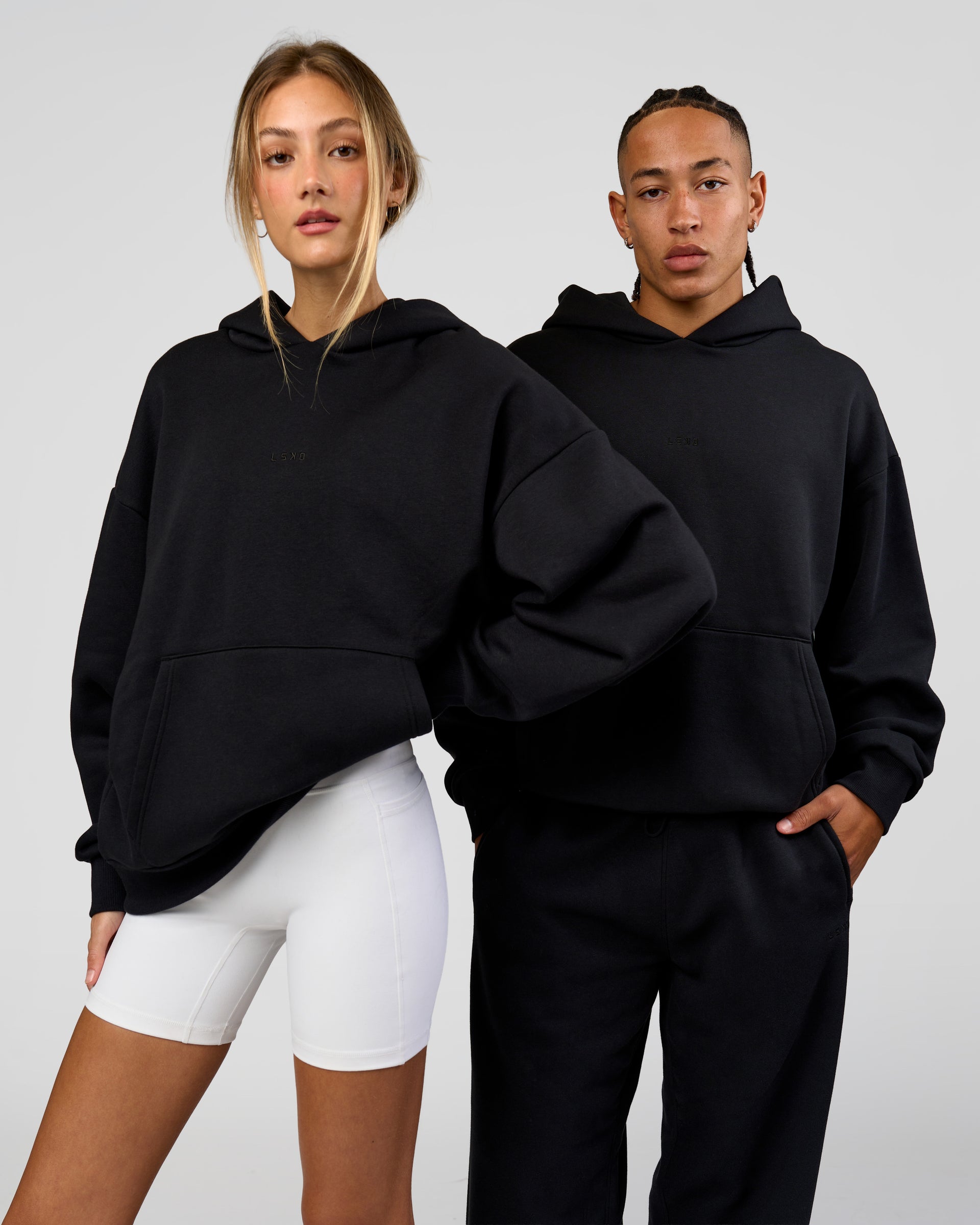 Duo wearing Base Oversized Hoodie - Shale Beige | Model:Georgia| Size:XS | Model:Malebo| Size: M |