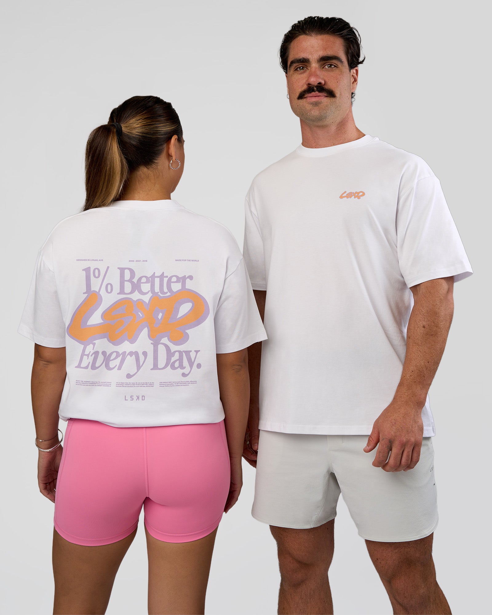 Duo wearing Break Through FLXCotton Oversized Tee - White-Pale Lilac | Model:Both | Size:Duo