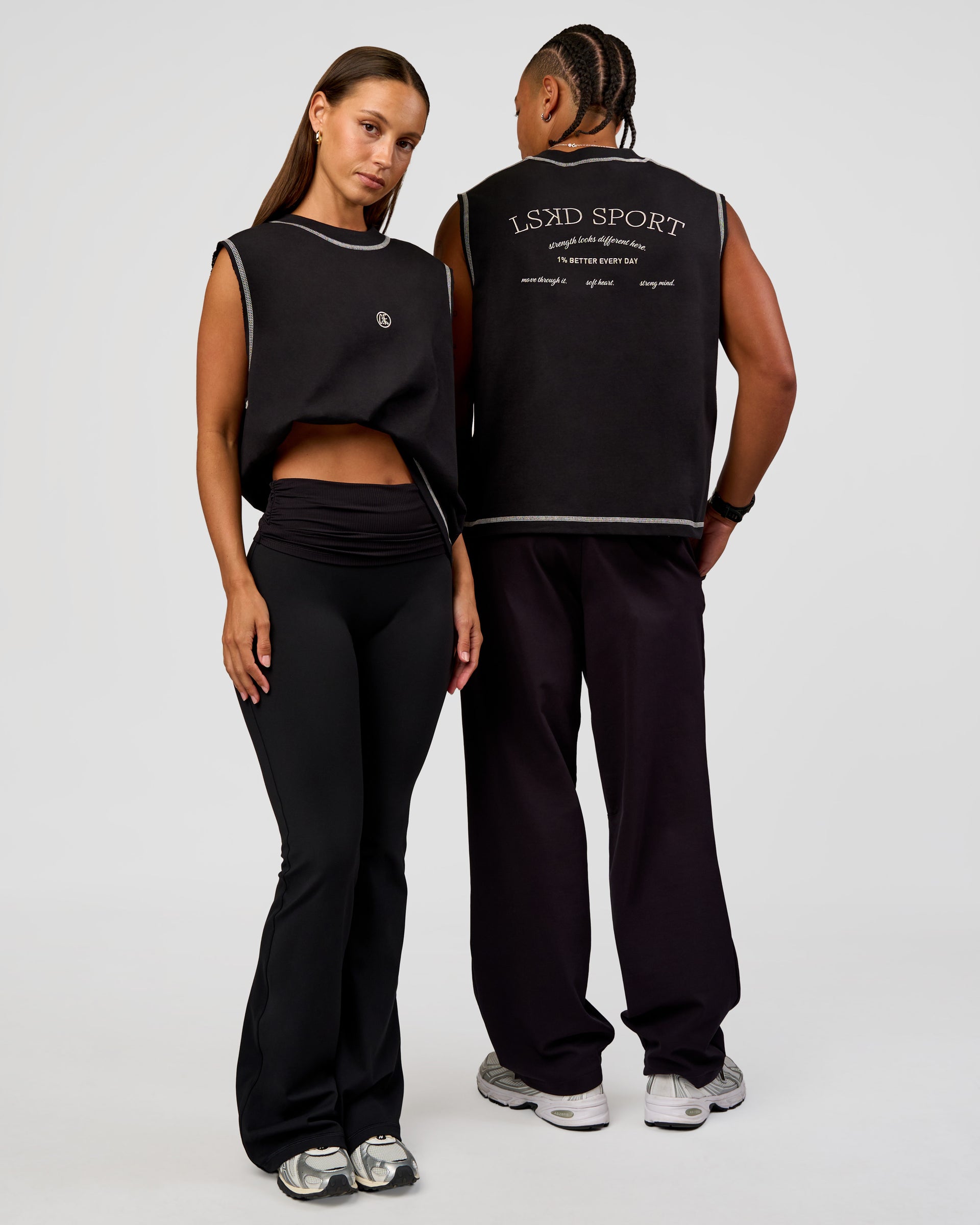 Duo wearing CF Unisex Oversized Heavyweight Boxed Tank - Black-CF X LSKD Sport | Model:Brylee | Size:XS | Model:Malebo | Size:M