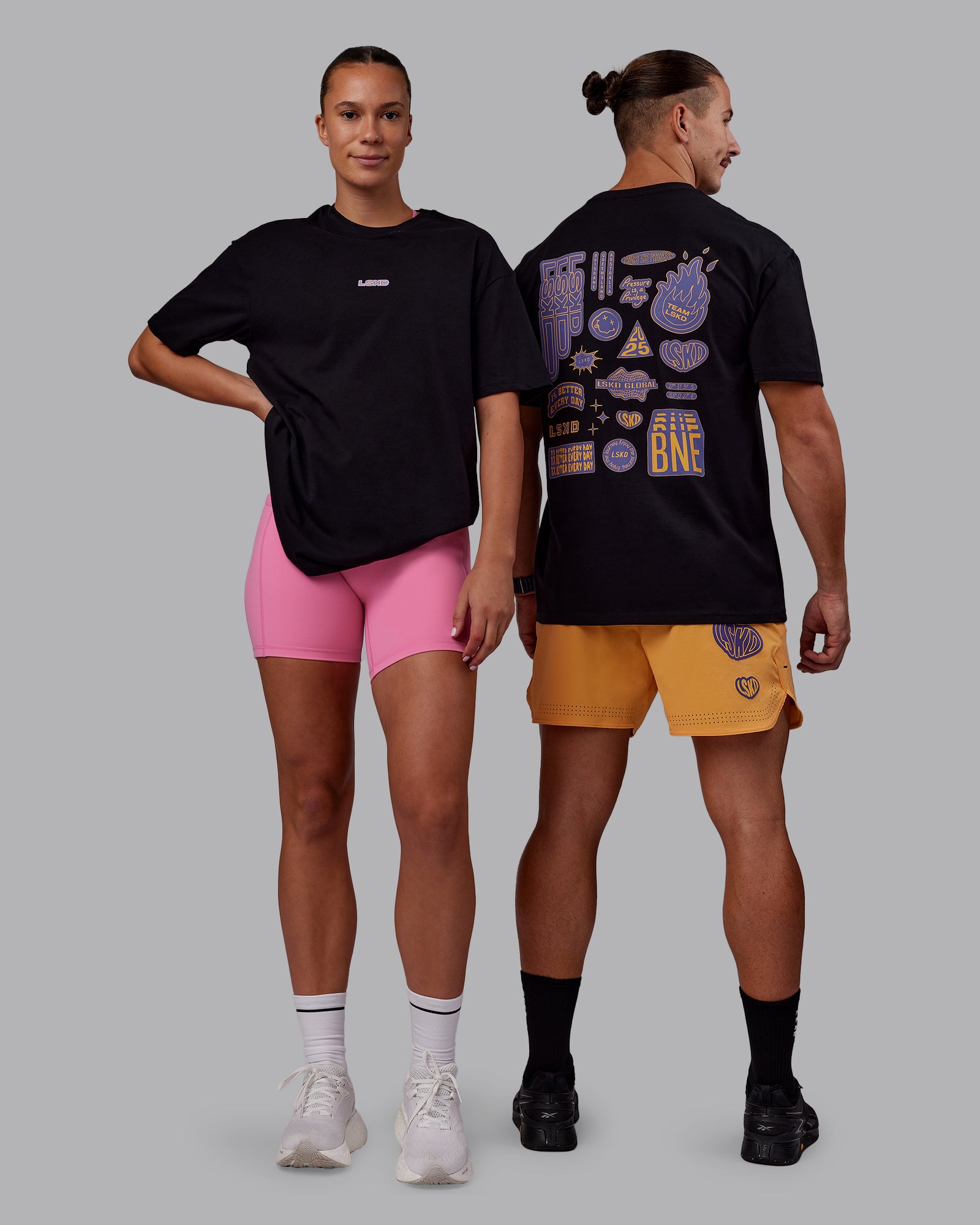 Duo wearing CFT BNE 25 FLXCotton Oversized Tee - Black-Warm Apricot | Model:Both | Size:Duo