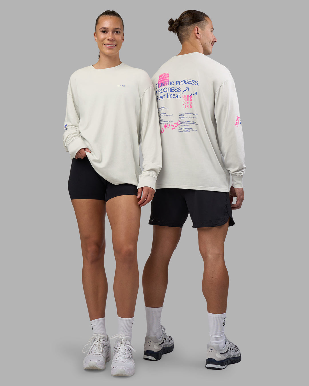 Duo wearing Cali FLXCotton Oversized Long Sleeve Tee - Digital Mist Washed | Model:Both | Size:Duo