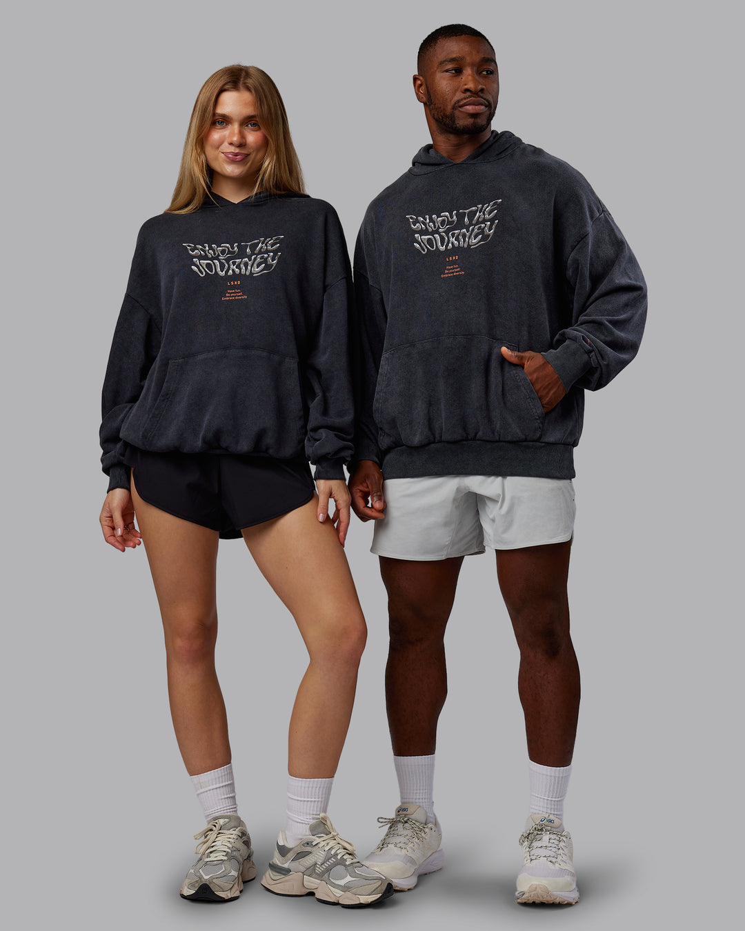 Duo wearing Chrome Washed Oversized Hoodie - Black| Model:Both | Size:Duo