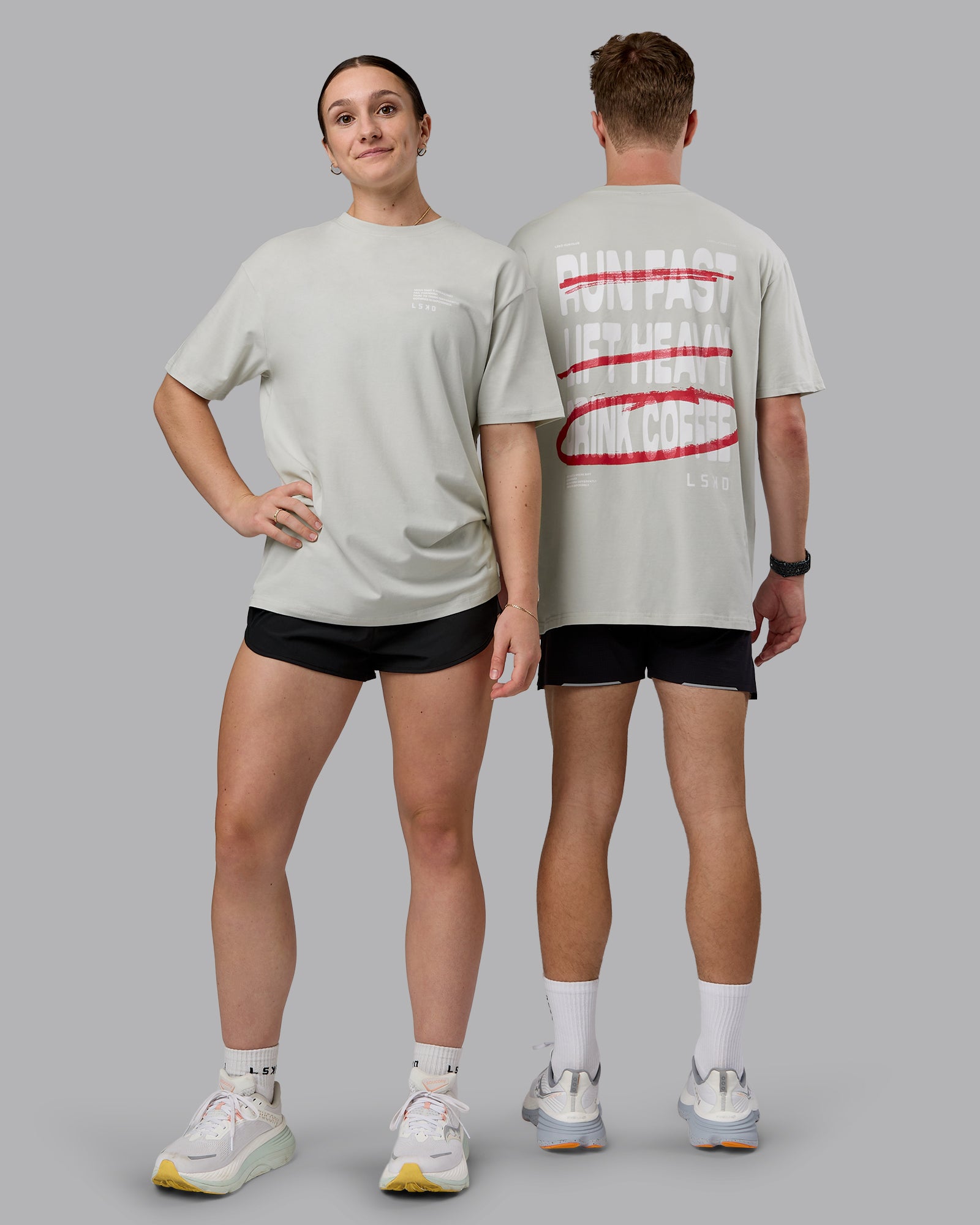 Duo wearing Coffee Run FLXCotton Oversized Tee - Digital Mist-Scarlet | Model:Duo | Size:Duo
