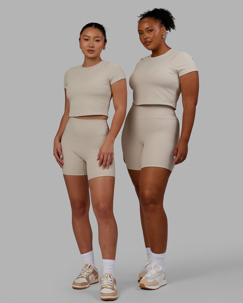 Woman wearing Creator Ribbed Tee - Shale Beige