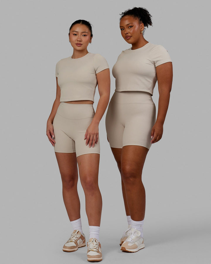 Woman wearing Creator Ribbed Tee - Shale Beige