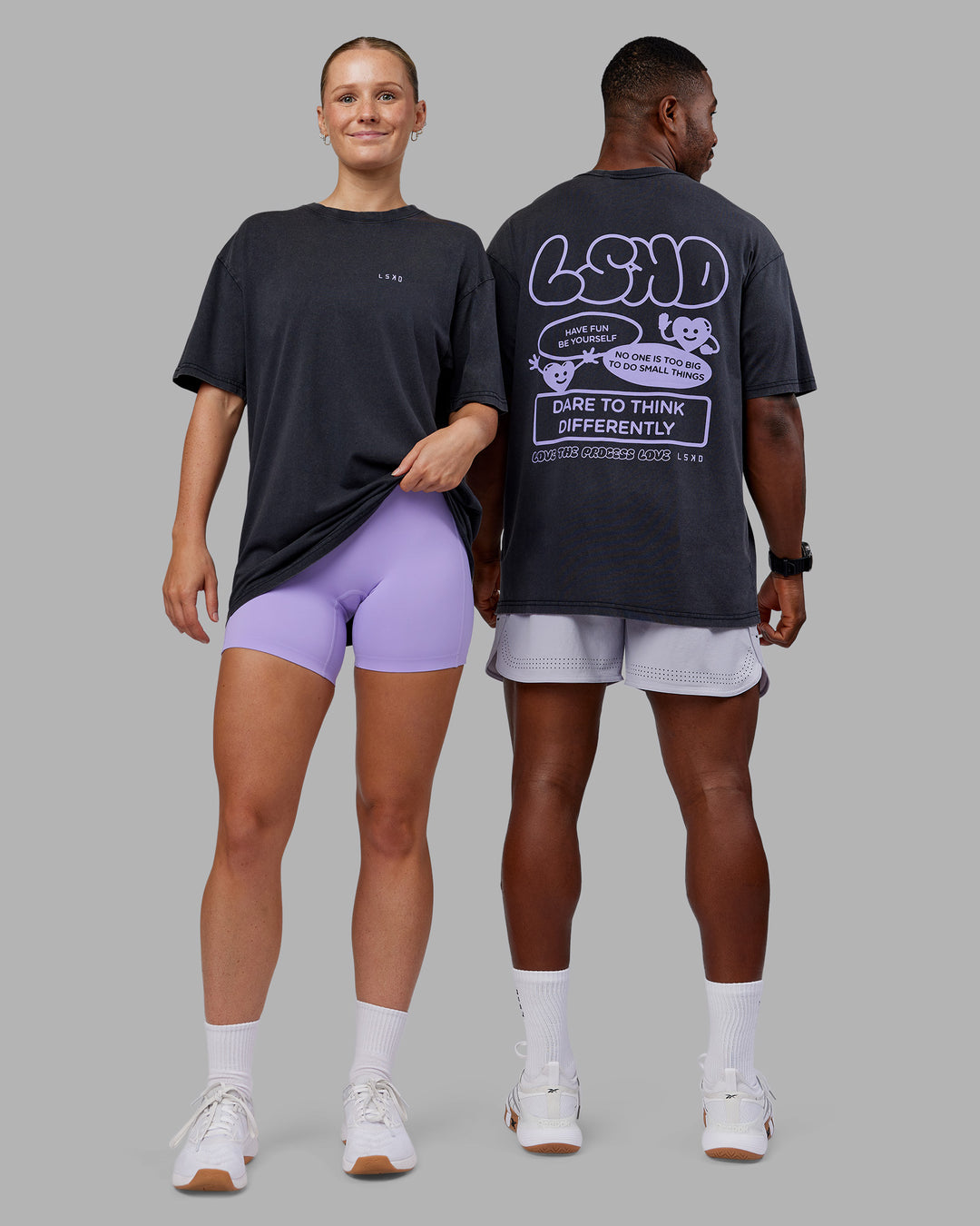 Duo wearing Dare To Think FLXCotton Tee Oversize - Black Washed-Violet Ray | Model:Both | Size:Duo