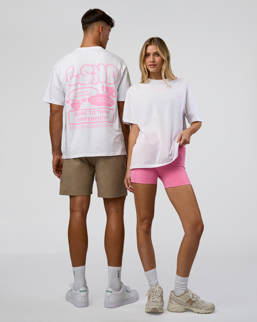 Duo wearing Dare To Think FLXCotton Tee Oversize - White-Candy Pink | Model:Both | Size:Duo