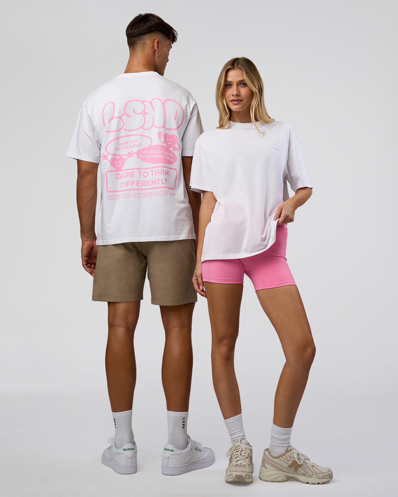 Duo wearing Dare To Think FLXCotton Tee Oversize - White-Candy Pink | Model:Both | Size:Duo
