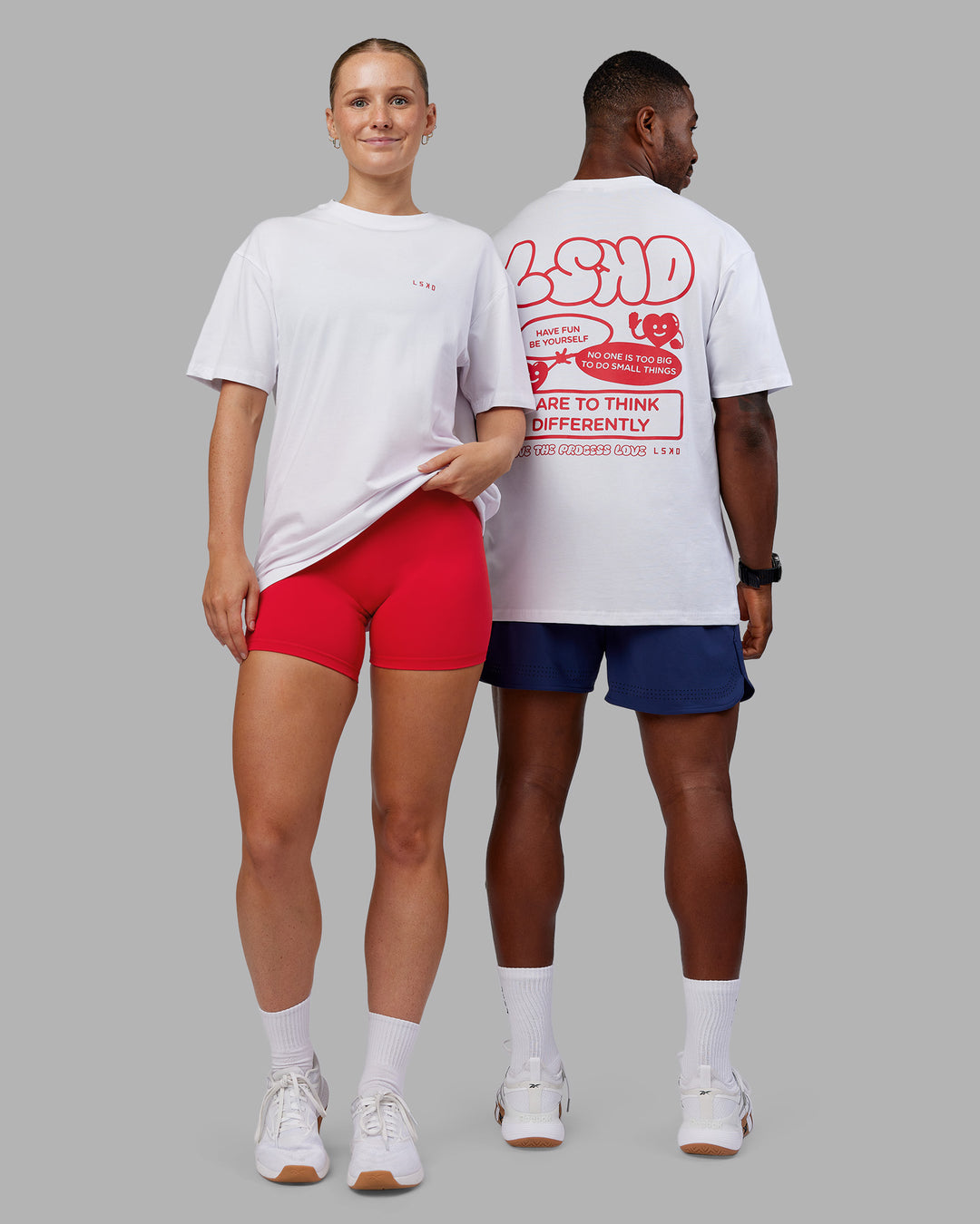 Duo wearing Dare To Think FLXCotton Tee Oversize - White-Scarlet | Model:Both | Size:Duo