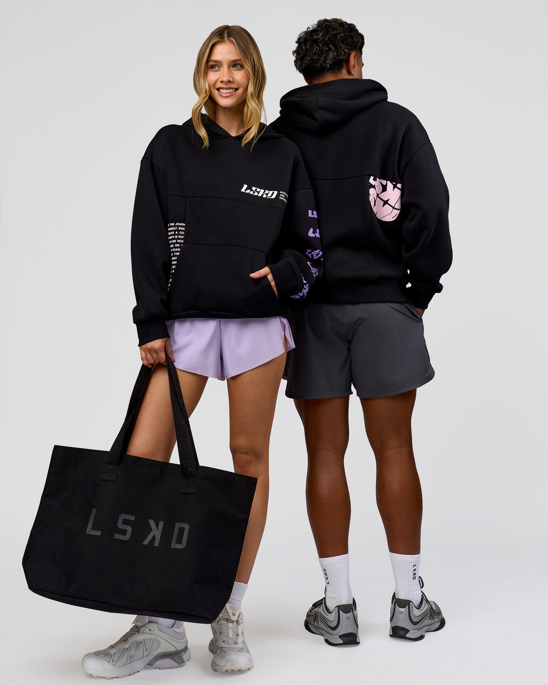 Duo wearing Deconstructed Fleece Hoodie - Caviar-Marshmallow-Pale Lilac | Model:Both | Size:Duo