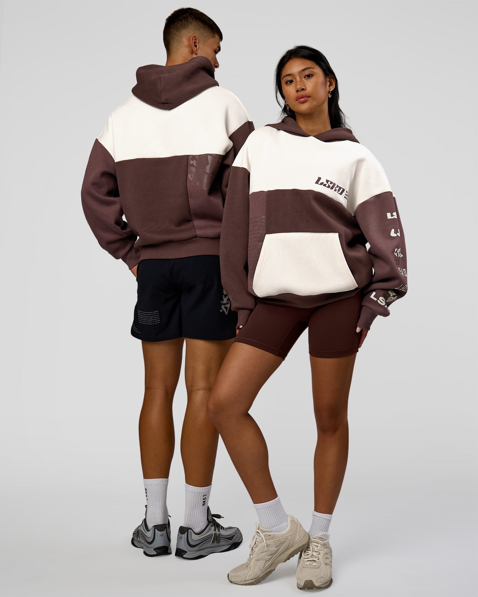 Duo wearing Deconstructed Fleece Hoodie - Off White-Cocoa Powder-Choc | Model:Both | Size:Duo