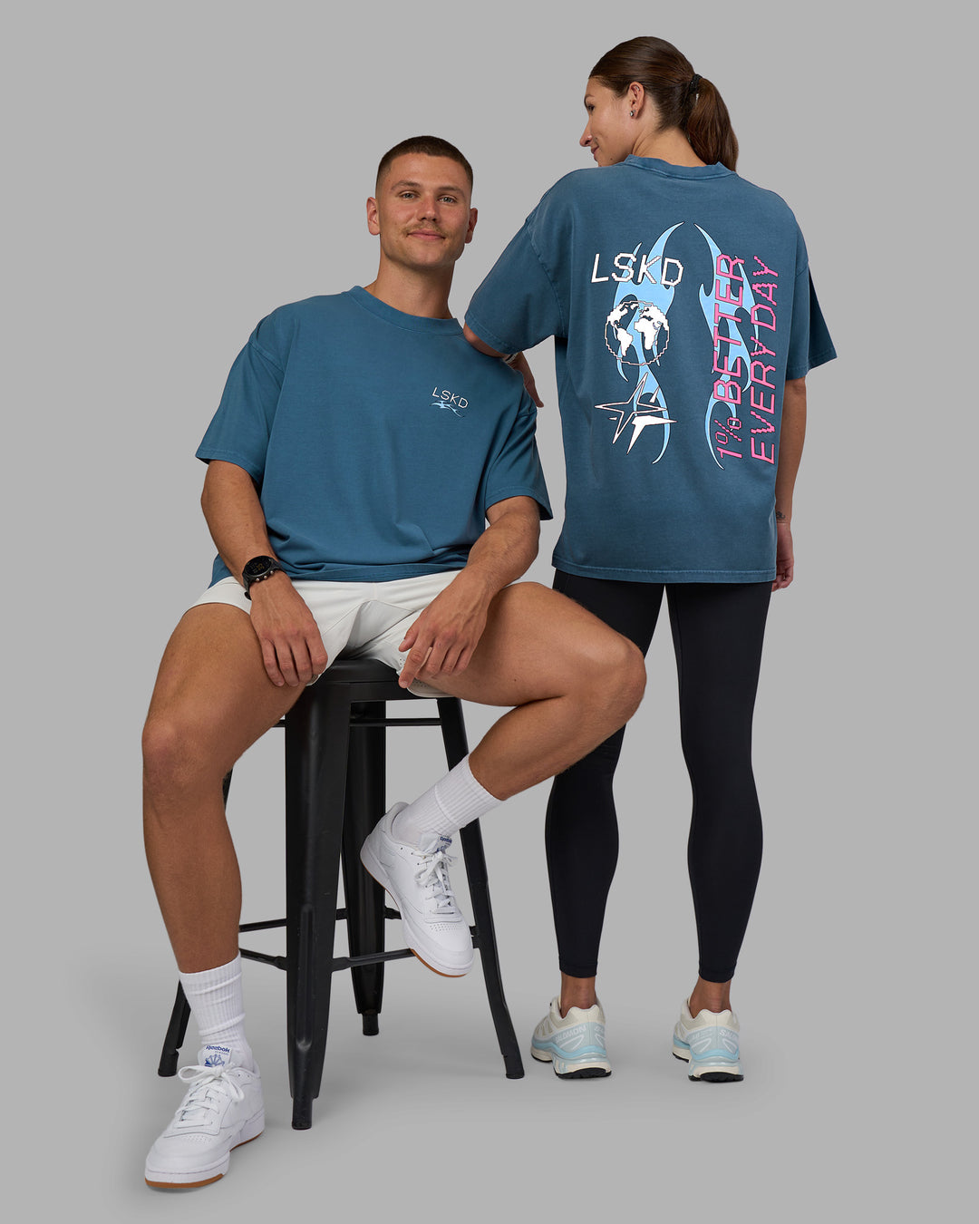 Duo wearing Digital World Heavyweight Oversized Tee - Night Sea-Open Air | Model:Both | Size:Duo