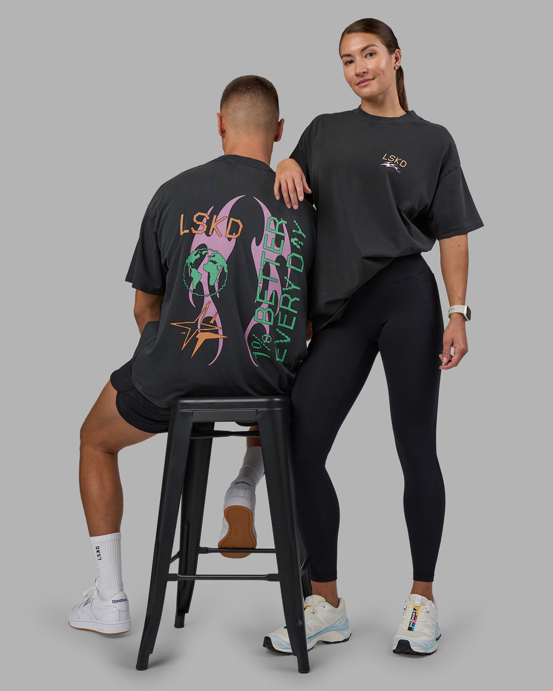 Duo wearing Digital World Heavyweight Oversized Tee - Washed Black | Model:Both | Size:Duo