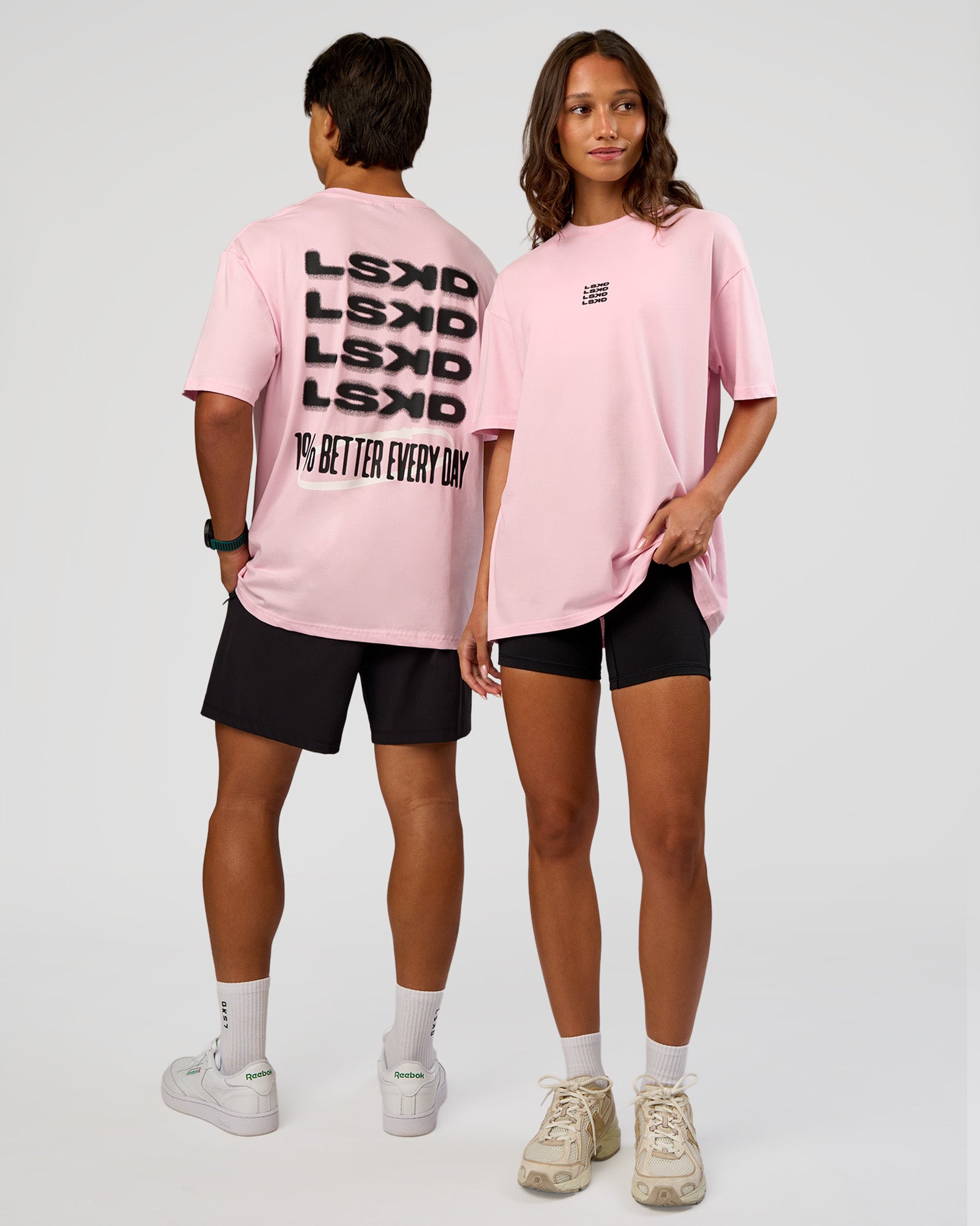 Duo wearing Everyday Elevation FLXCotton Oversized Tee - Marshmallow-Black | Model:Both | Size:Duo