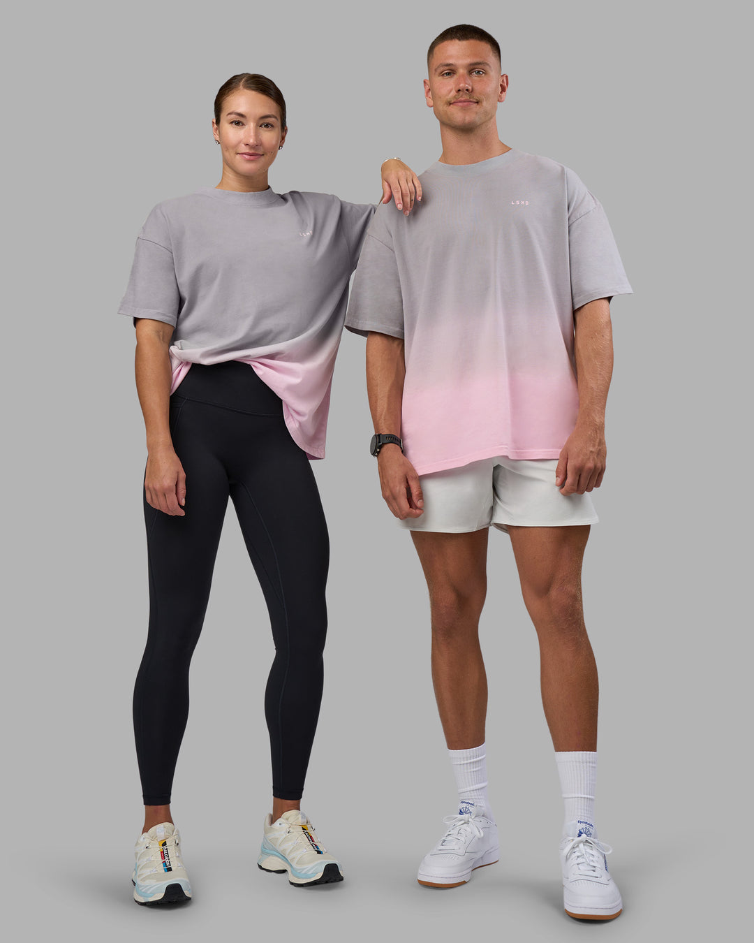 Duo wearing Faded Heavyweight Oversized Tee - Circular Grey-Marshmallow | Model:Both | Size:Duo