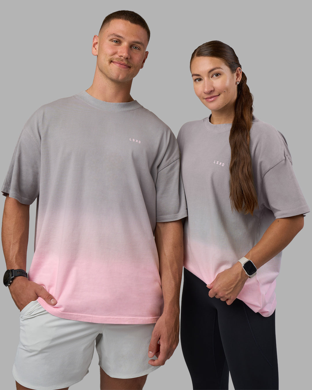 Duo wearing Faded Heavyweight Oversized Tee - Circular Grey-Marshmallow | Model:Both | Size:Duo