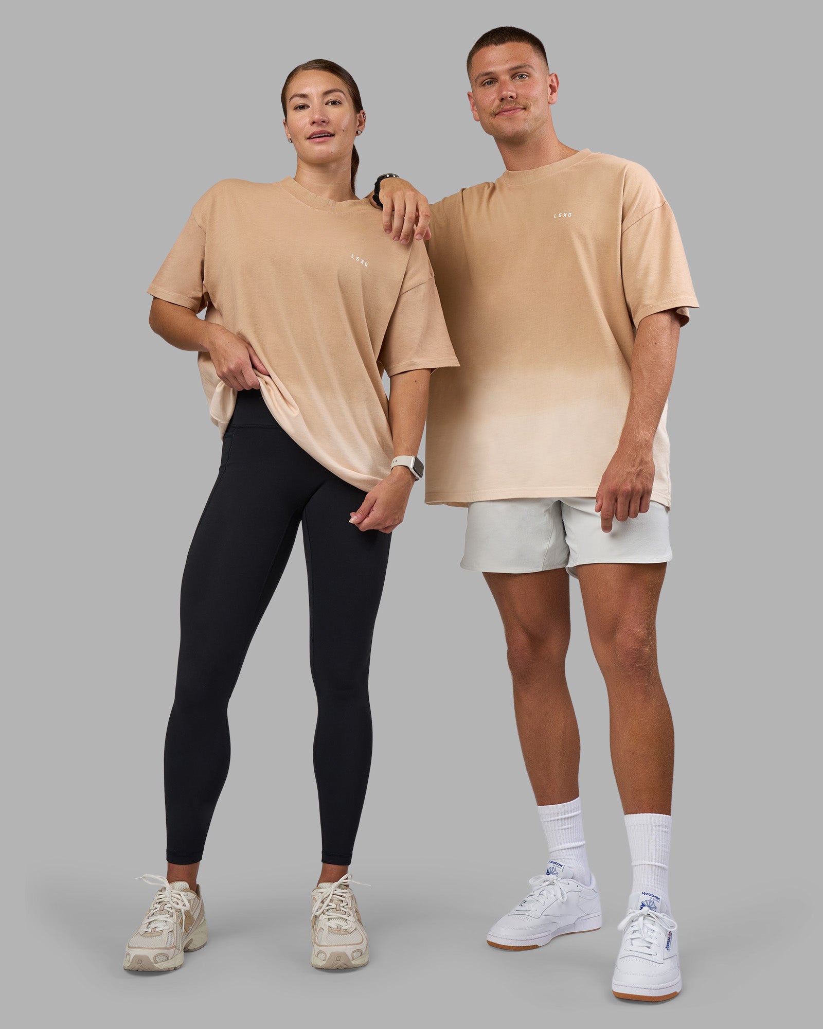 Duo wearing Faded Heavyweight Oversized Tee - Warm Smoke-White | Model:Both | Size:Duo
