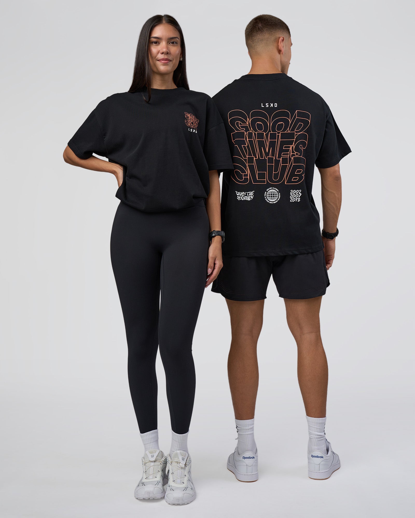 Duo wearing GTC Heavyweight Oversized Tee - Black-Cantaloupe | Model:Both | Size:Duo