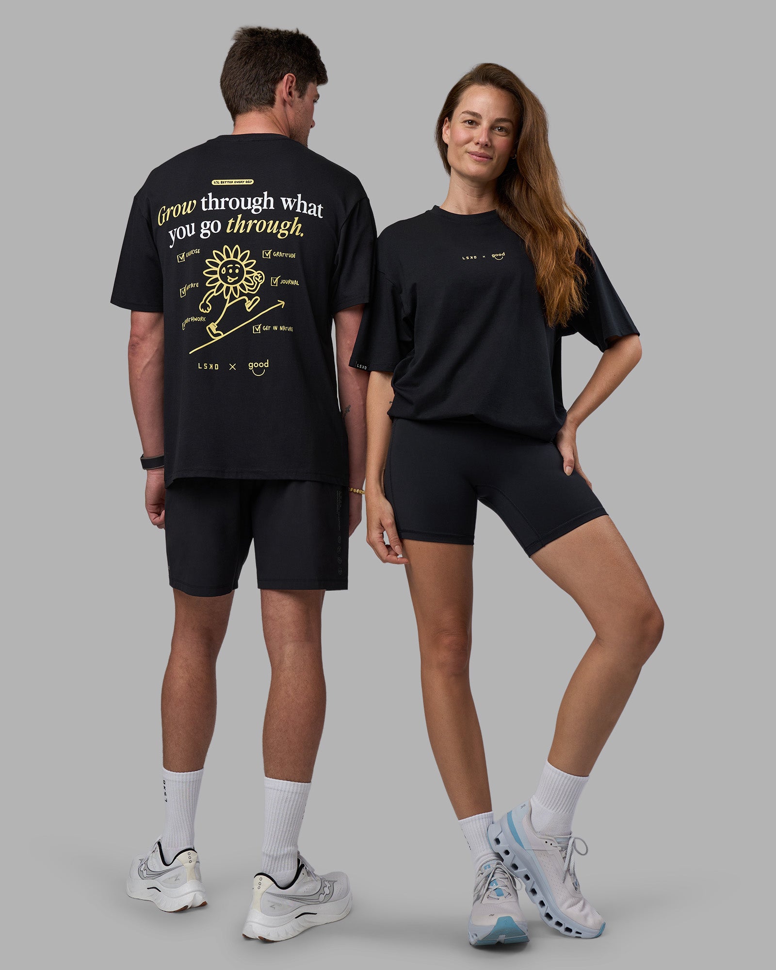 Duo wearing Good Human Factory Vol 2 FLXCotton Oversize Tee - Black | Model:Both | Size:Duo