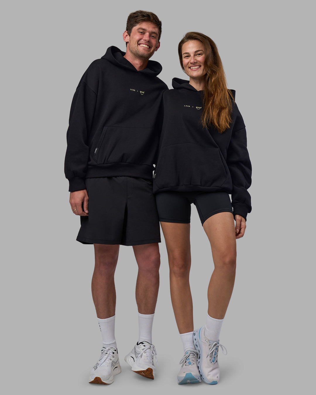 Duo wearing Good Human Factory Vol 2 Hoodie - Black | Model:Both | Size:Duo