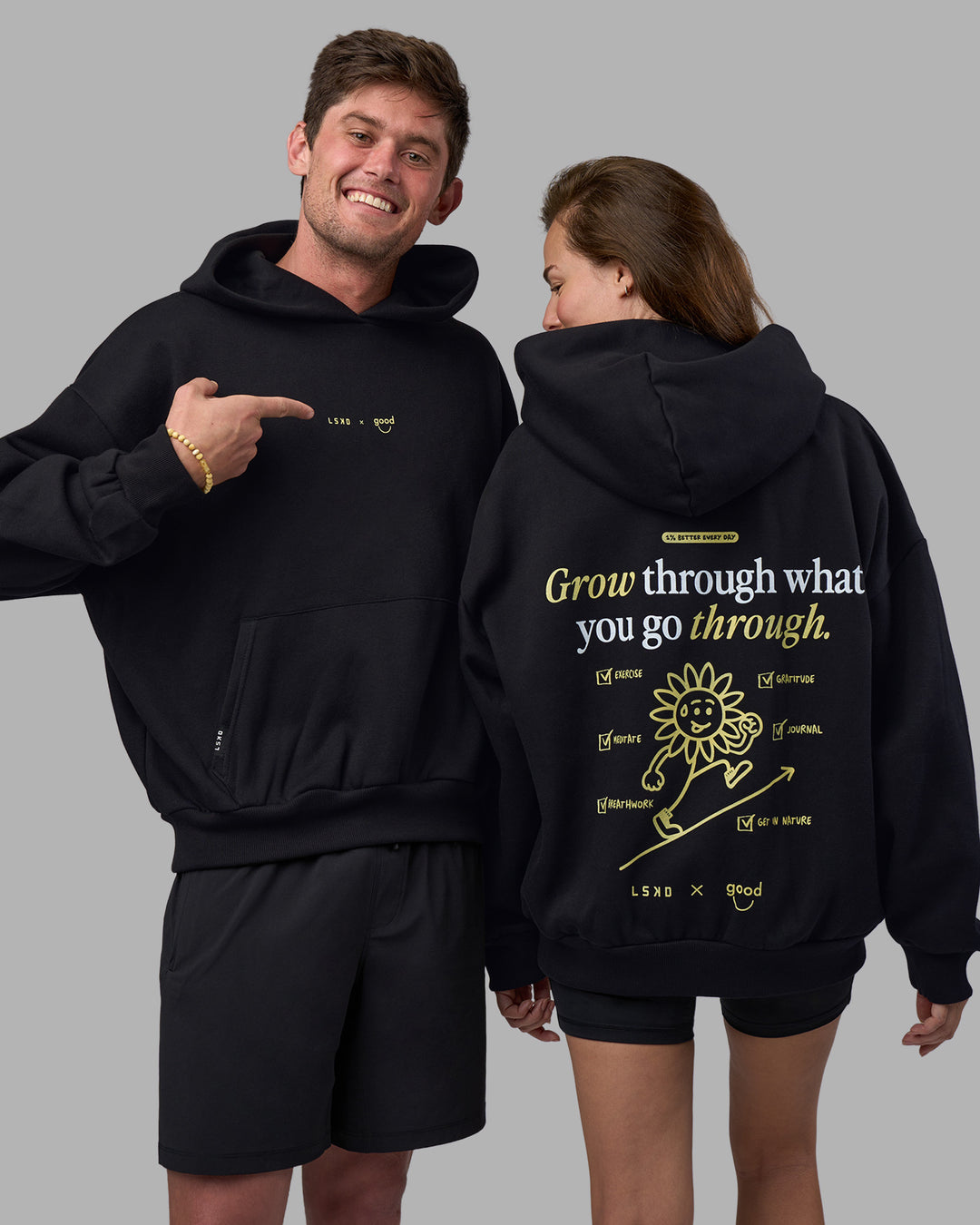 Duo wearing Good Human Factory Vol 2 Hoodie - Black | Model:Both | Size:Duo