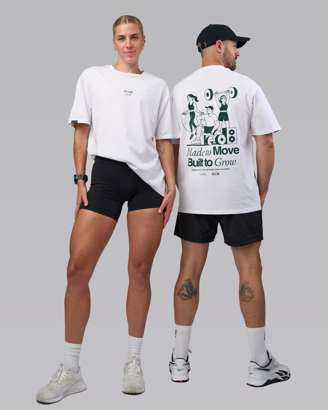 Duo wearing Grass Roots CFC FLXCotton Oversize Tee - White | Model:Both | Size:Duo