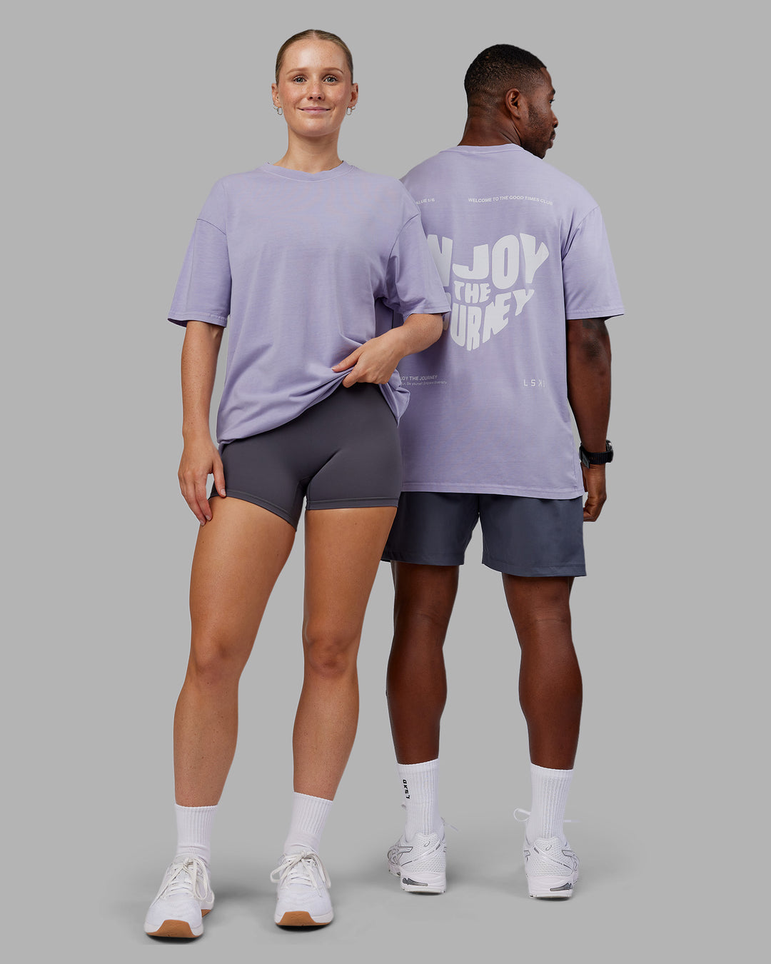 Duo wearing Heart FLXCotton Oversized Tee - Washed Violet Ray-White | Model:Both | Size:Duo
