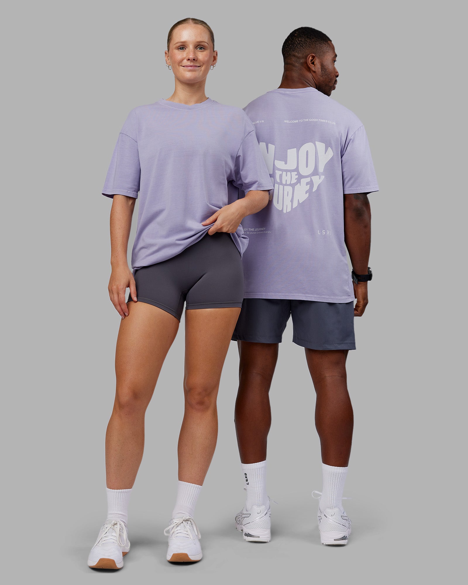 Duo wearing Heart FLXCotton Oversized Tee - Washed Violet Ray-White | Model:Both | Size:Duo