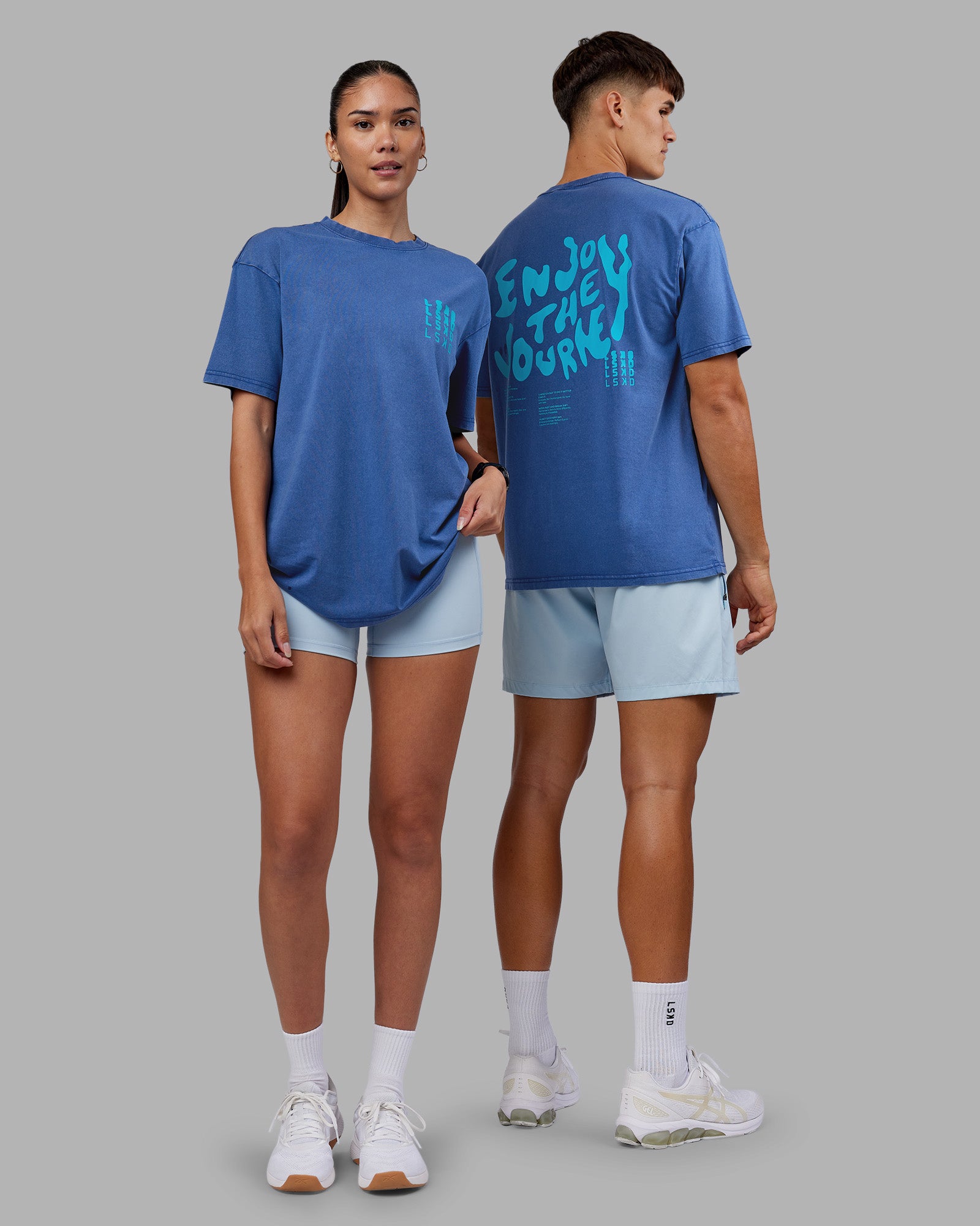 Duo wearing Inferno Journey FLXCotton Oversized Tee - Midnight Blue Washed-Blue | Model:Both | Size:Duo
