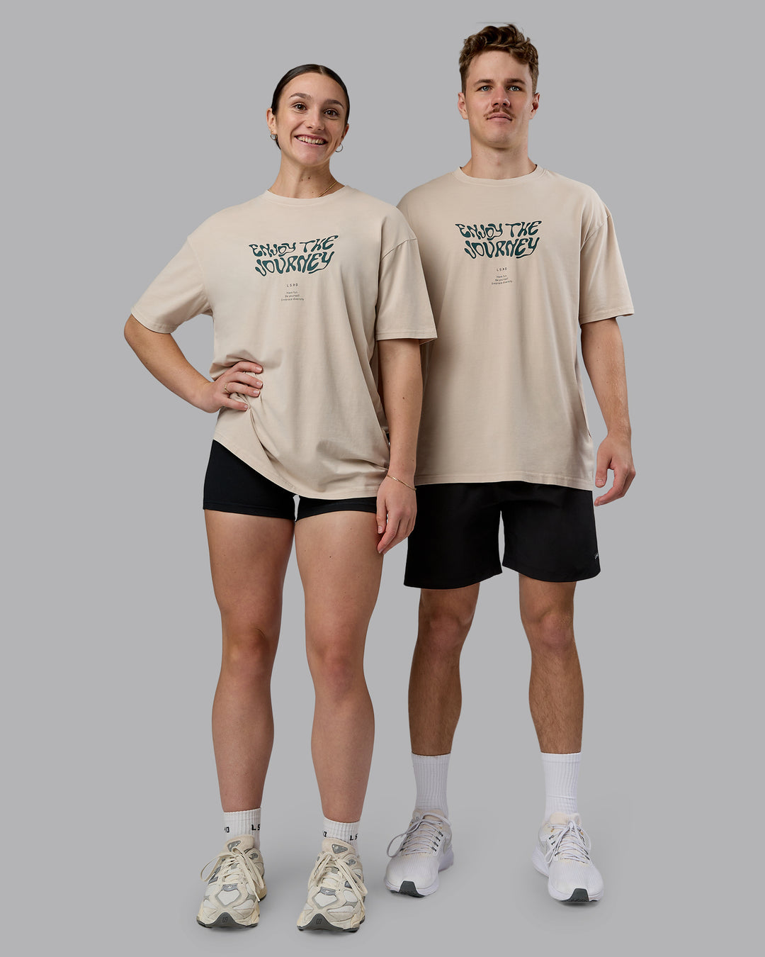 Duo wearing Journey FLXCotton Oversized Tee in Washed Shale-Beige Dark-Moss | Model:Duo | Size:Duo