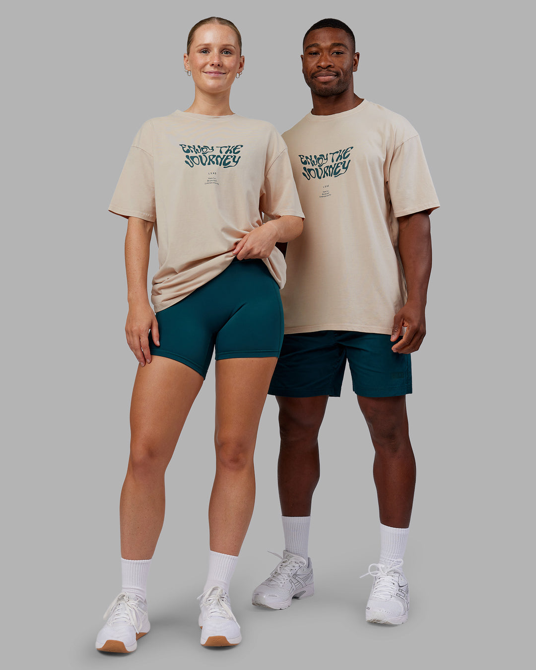 Duo wearing Journey FLXCotton Oversized Tee - Washed Shale Beige-Dark Moss | Model:Both | Size:Duo