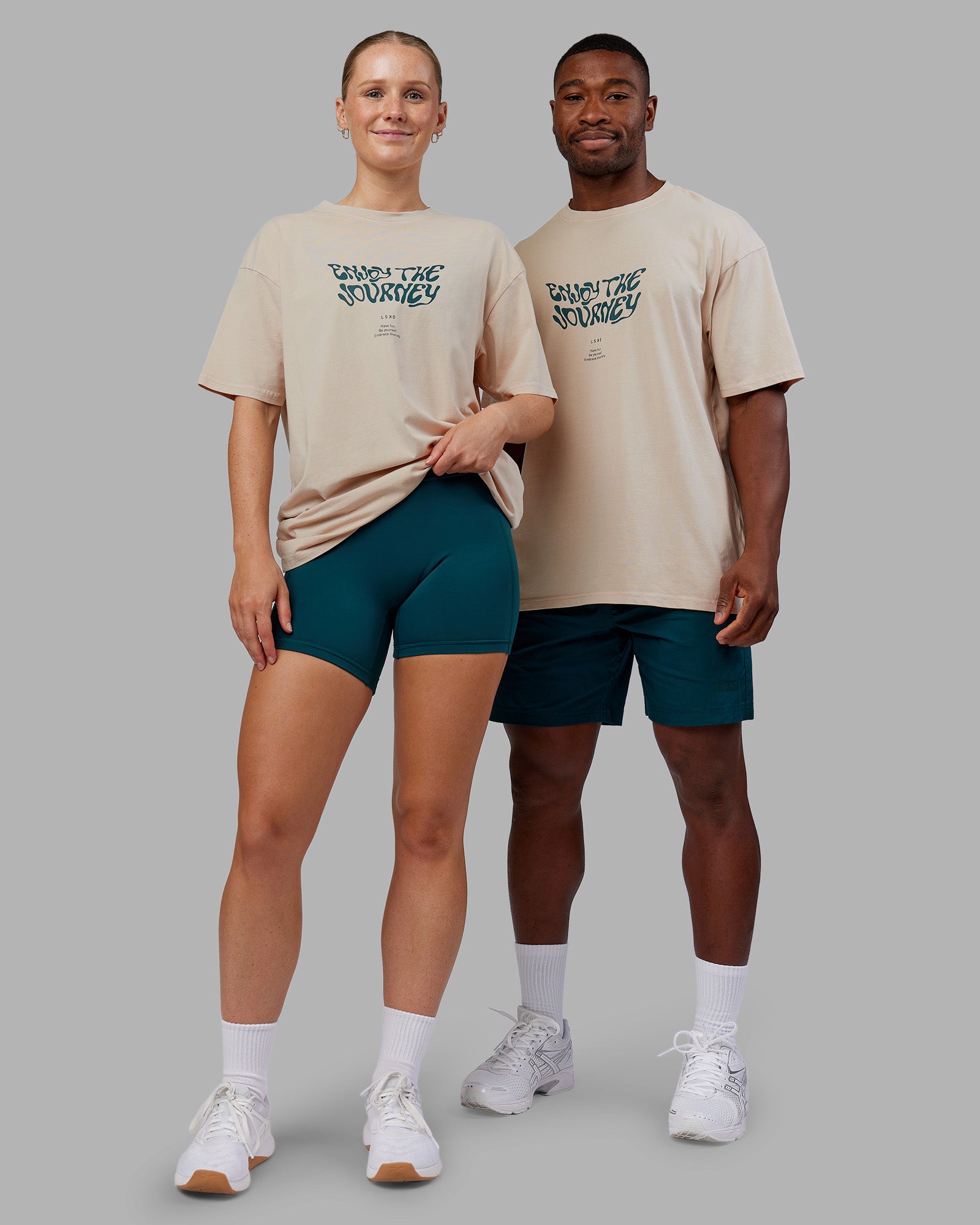 Duo wearing Journey FLXCotton Oversized Tee - Washed Shale Beige-Dark Moss | Model:Both | Size:Duo