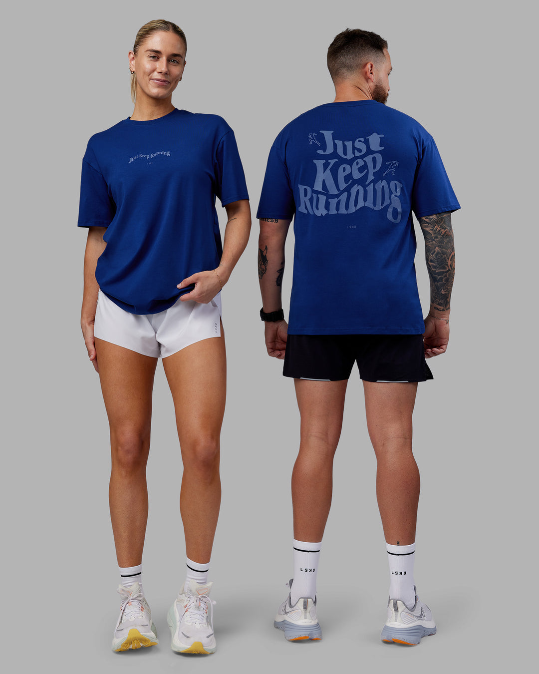 Duo wearing Just Run FLXCotton Oversized Tee - Midnight Blue-Light Blue | Model:Both | Size:Duo
