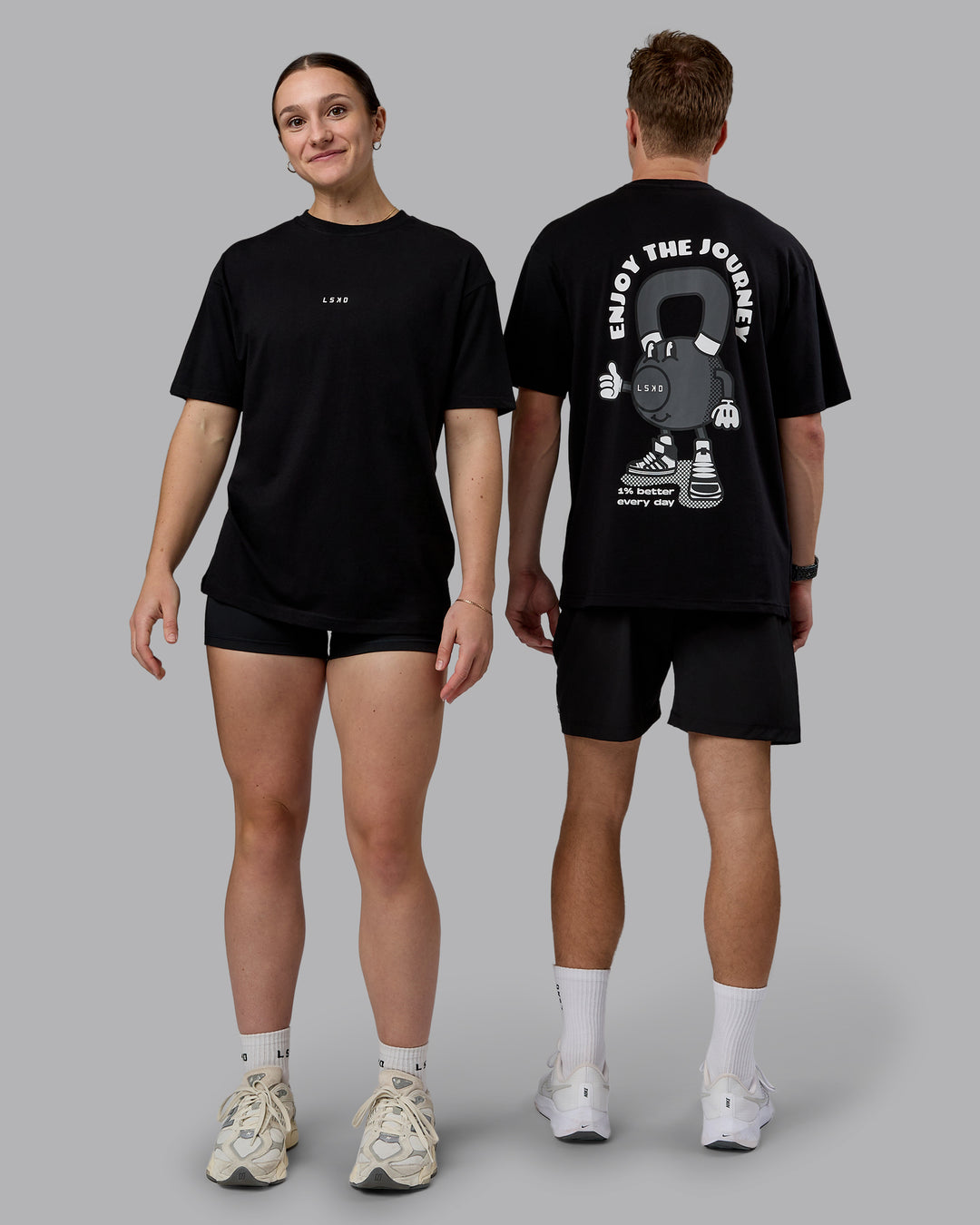 Duo wearing Kettlebell FLXCotton Oversized Tee - Black-White | Model:Duo | Size:Duo