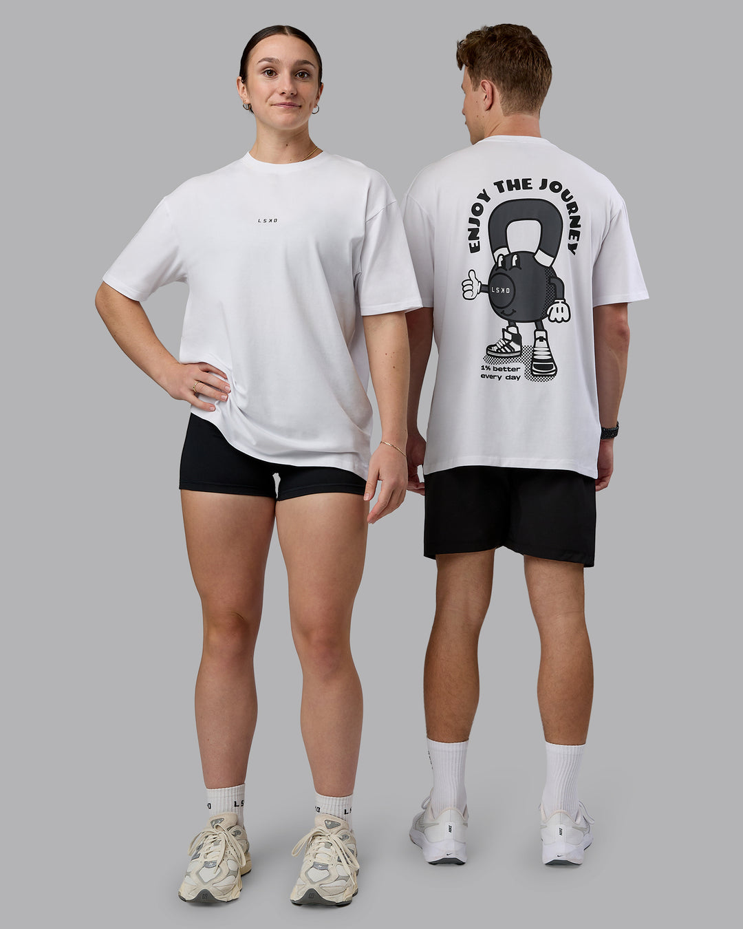 Duo wearing Kettlebell FLXCotton Oversized Tee - White-Black | Model:Duo | Size:Duo