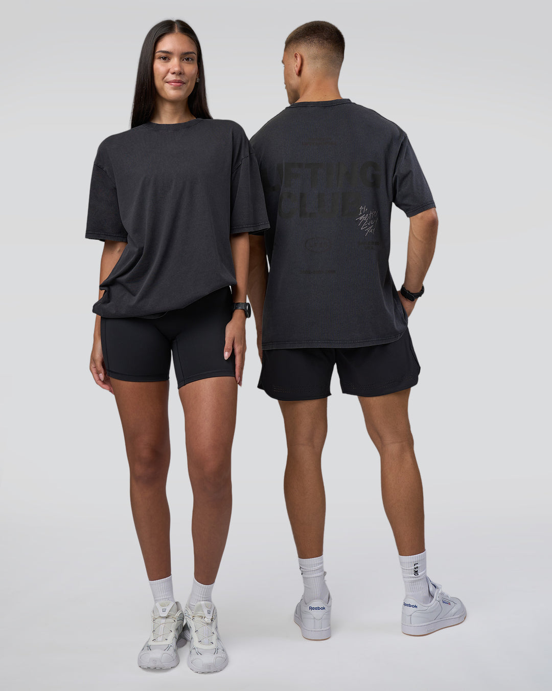 Duo wearing Lifting Club FLXCotton Tee Oversize - Black Washed | Model:Both | Size:Duo