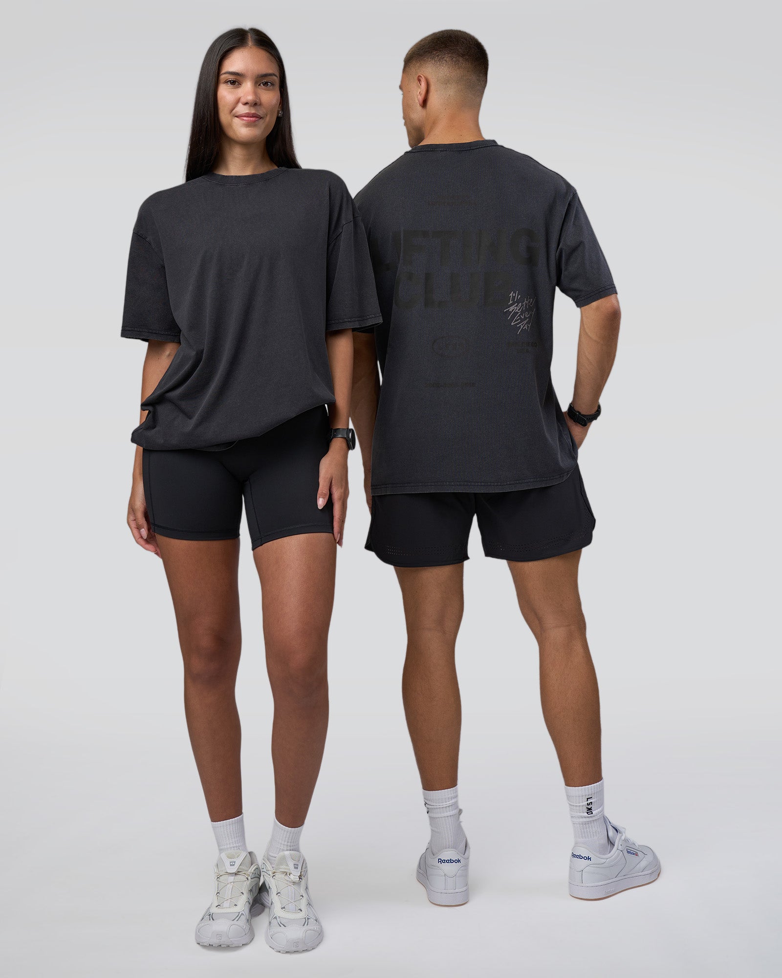 Duo wearing Lifting Club FLXCotton Tee Oversize - Black Washed | Model:Both | Size:Duo