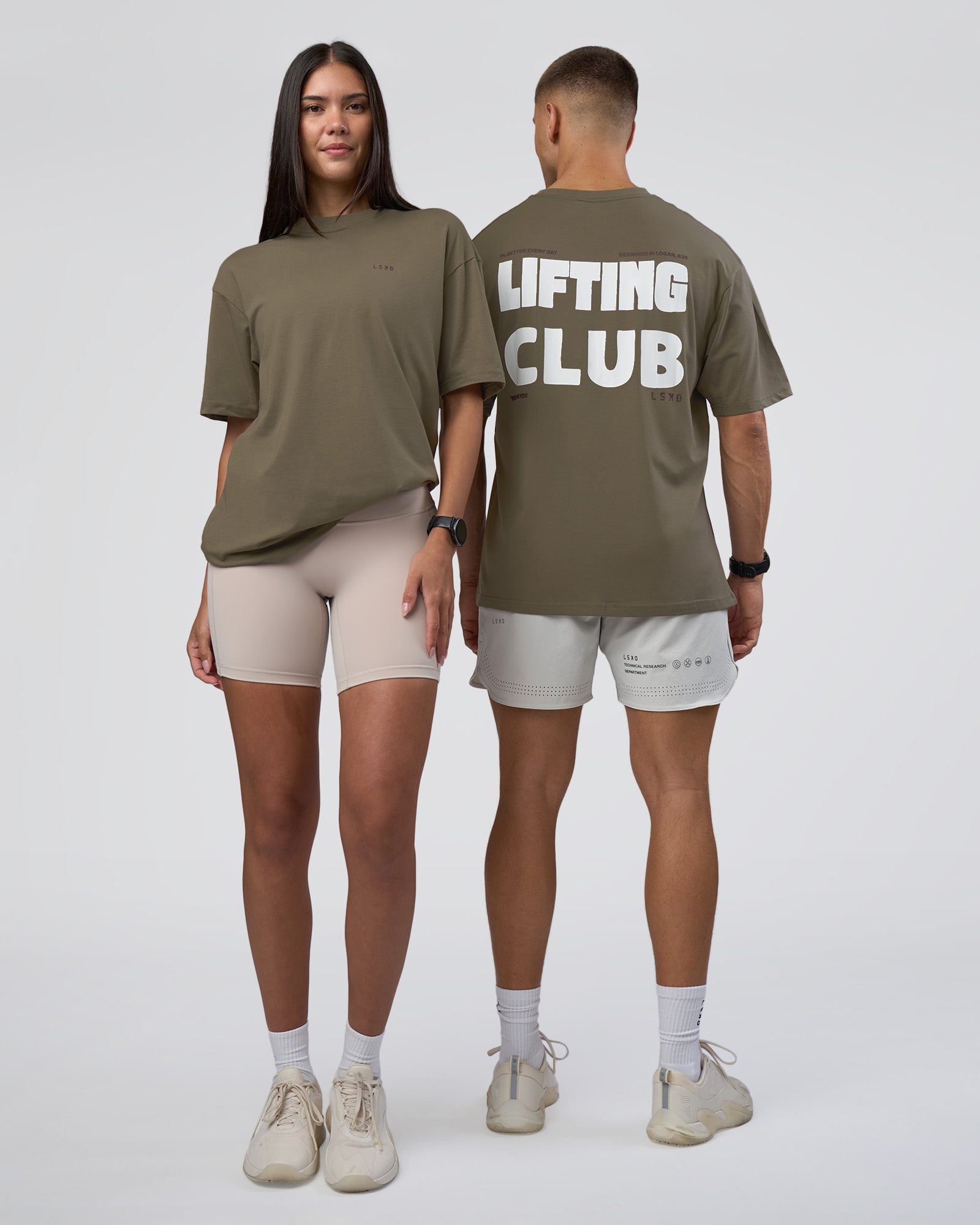 Duo wearing Lifting FLXCotton Oversized Tee - Walnut Grey-Hot Chocolate | Model:Both | Size:Duo