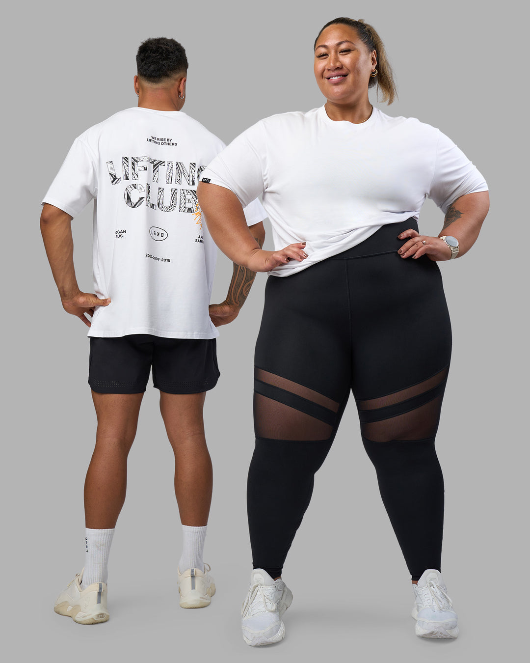 Duo wearing Lilz Lifting Club FLXCotton Oversized Tee - White | Model:Both | Size:Duo