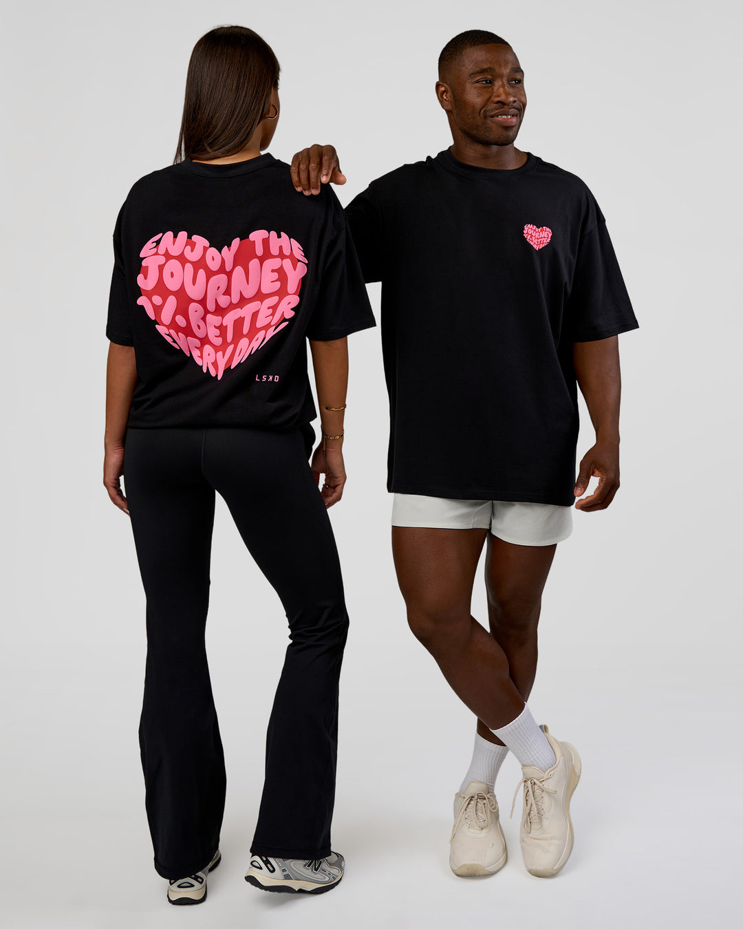 Duo wearing Love the Journey FLXCotton Oversized Tee - Black-Flame | Model:Both | Size:Duo