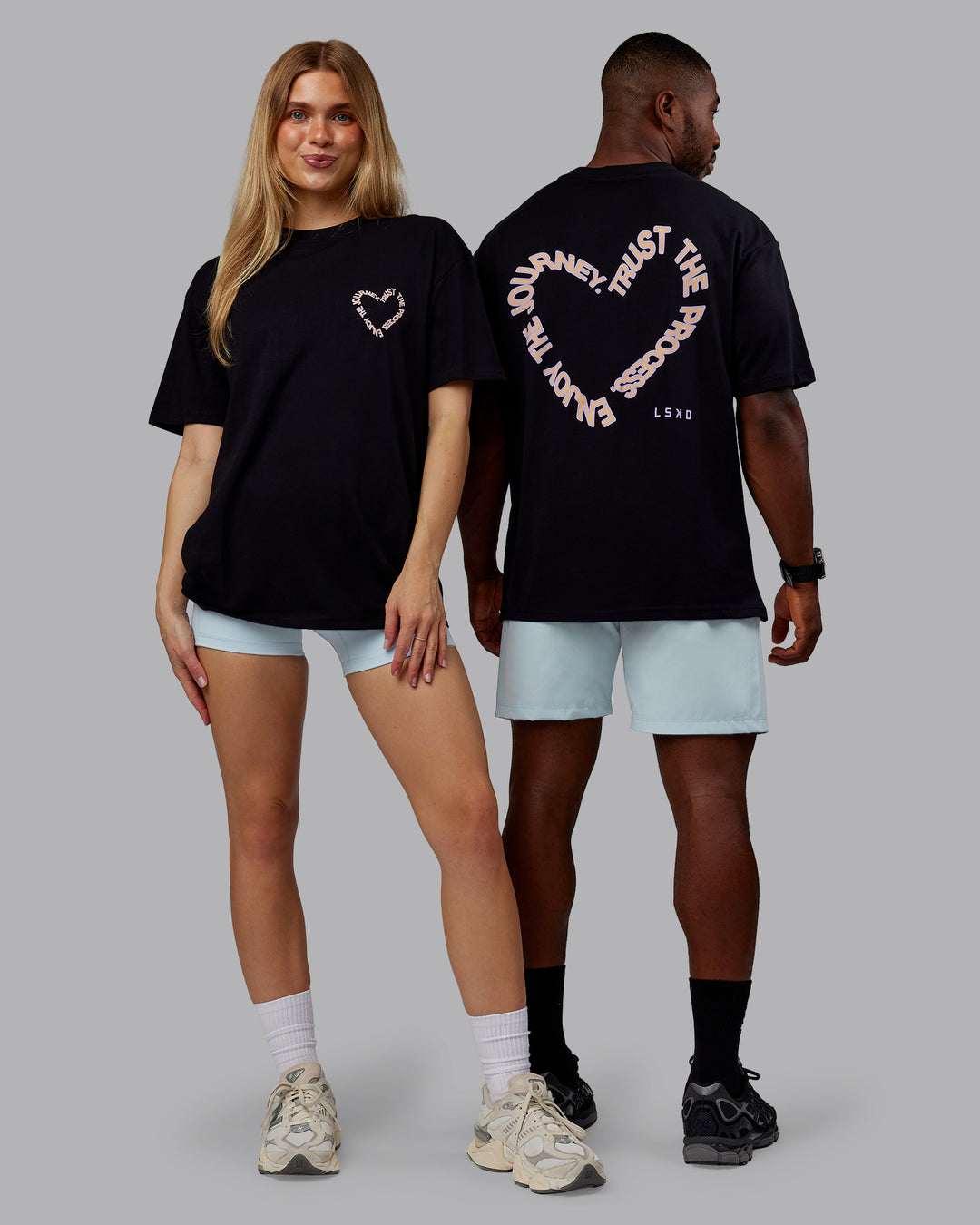 Duo wearing Love The Process FLXCotton Oversize Tee - Black-Peach Fuzz | Model:Both | Size:Duo