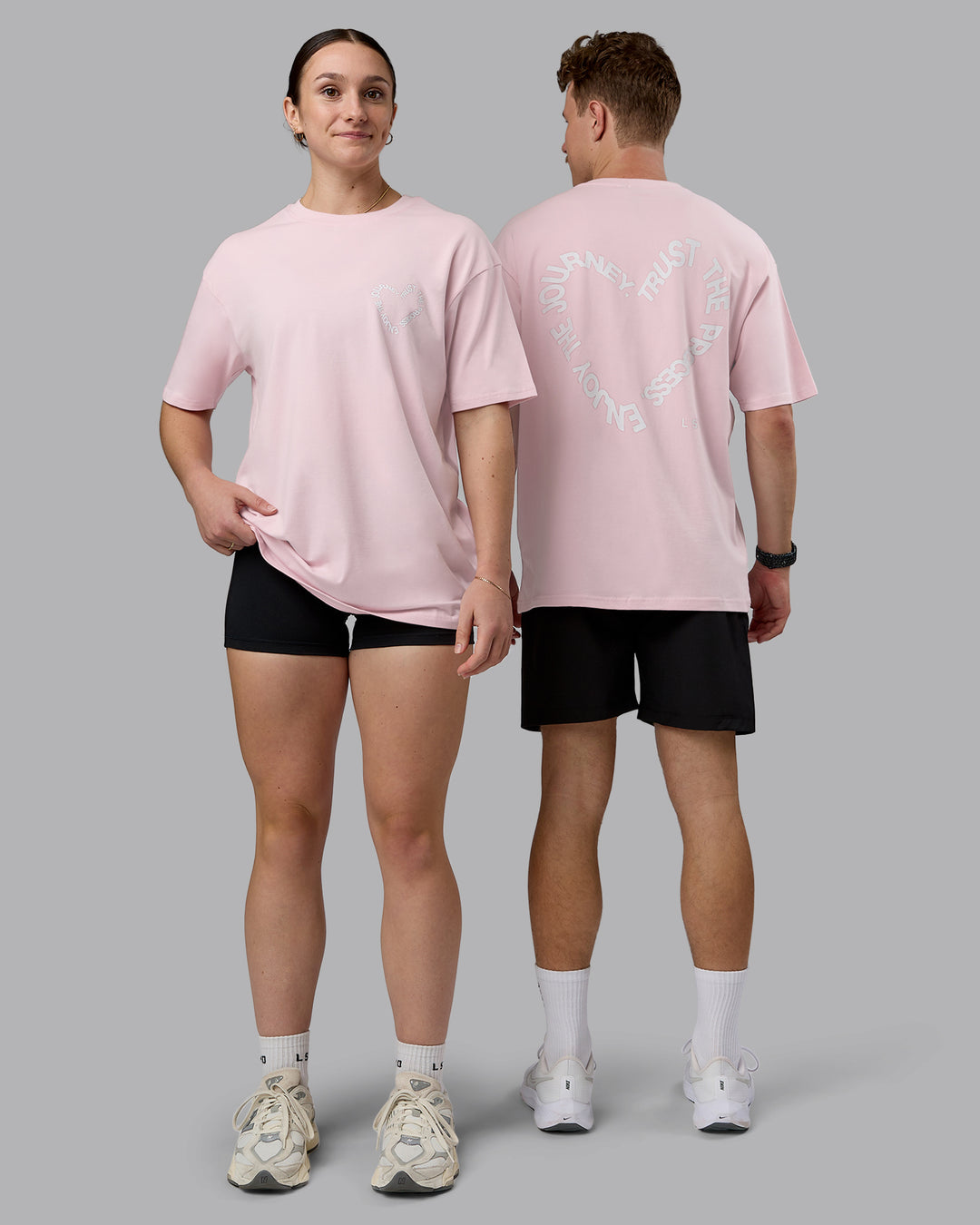 Duo wearing Love The Process FLXCotton Oversize Tee - Petal Pink-White | Model:Both | Size:Duo