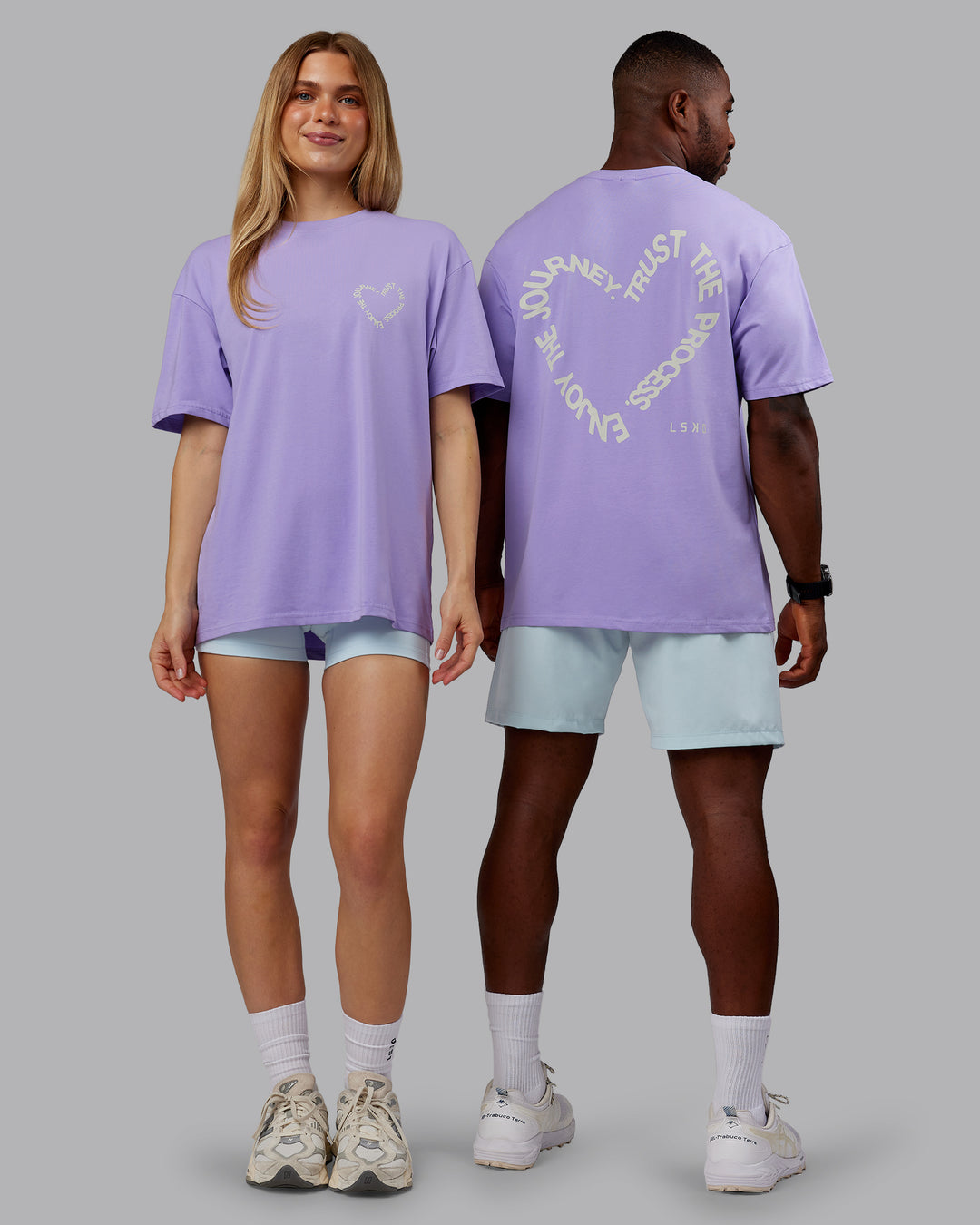Duo wearing Love The Process FLXCotton Oversize Tee - Violet Ray-Bone | Model:Both | Size:Duo
