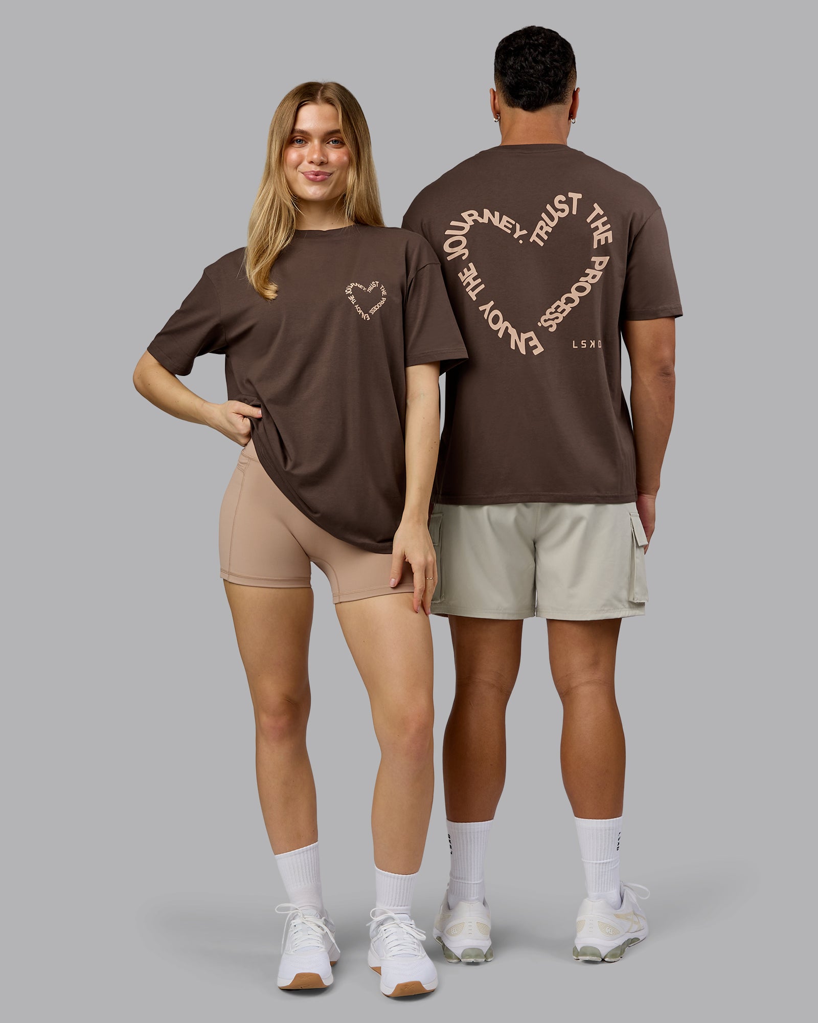 Duo wearing Love The Process FLXCotton Oversize Tee - Chocolate Martini-Warm Smoke | Model:Both | Size:Duo
