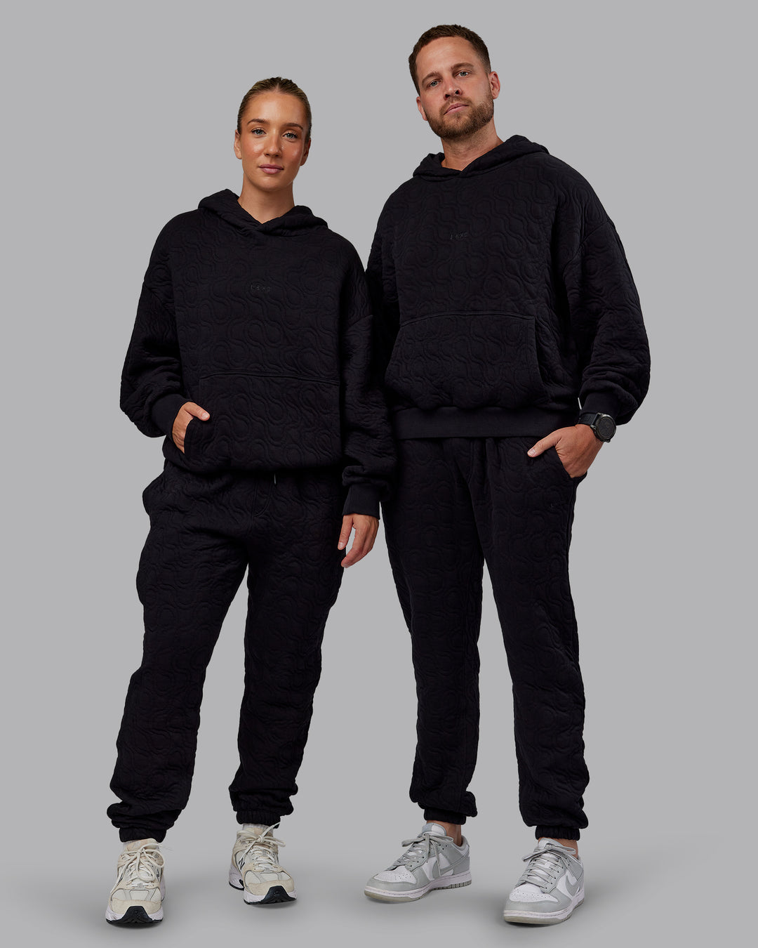 Duo wearing MVP Quilted Oversized Hoodie - Black-Geometric | Model:Duo | Size:Duo