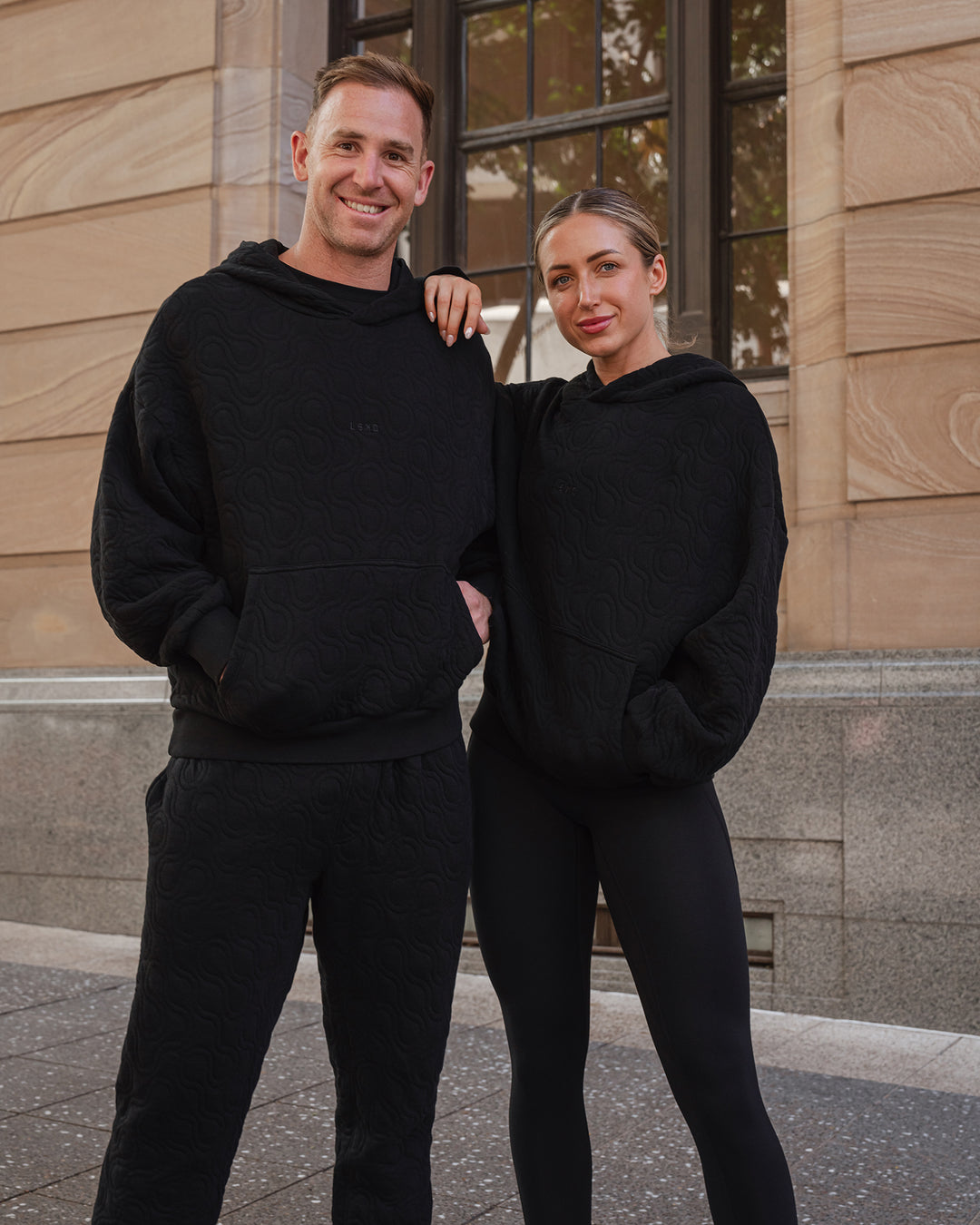 Duo wearing MVP Quilted Oversized Hoodie - Black-Geometric | Model:Duo | Size:Duo