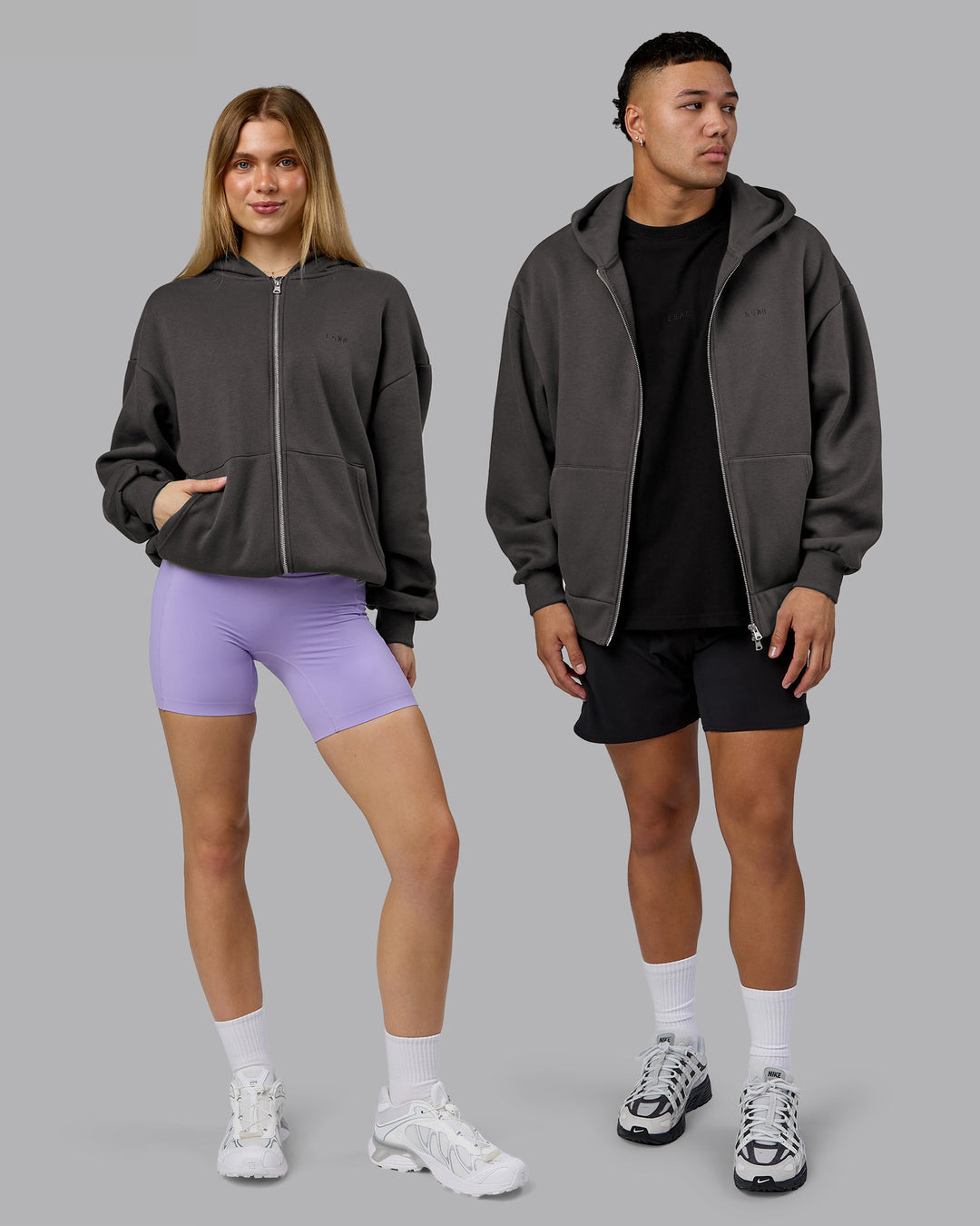 Duo wearing MVP Zip Through Oversized Hoodie - Dark Storm | Model:Both | Size:Duo